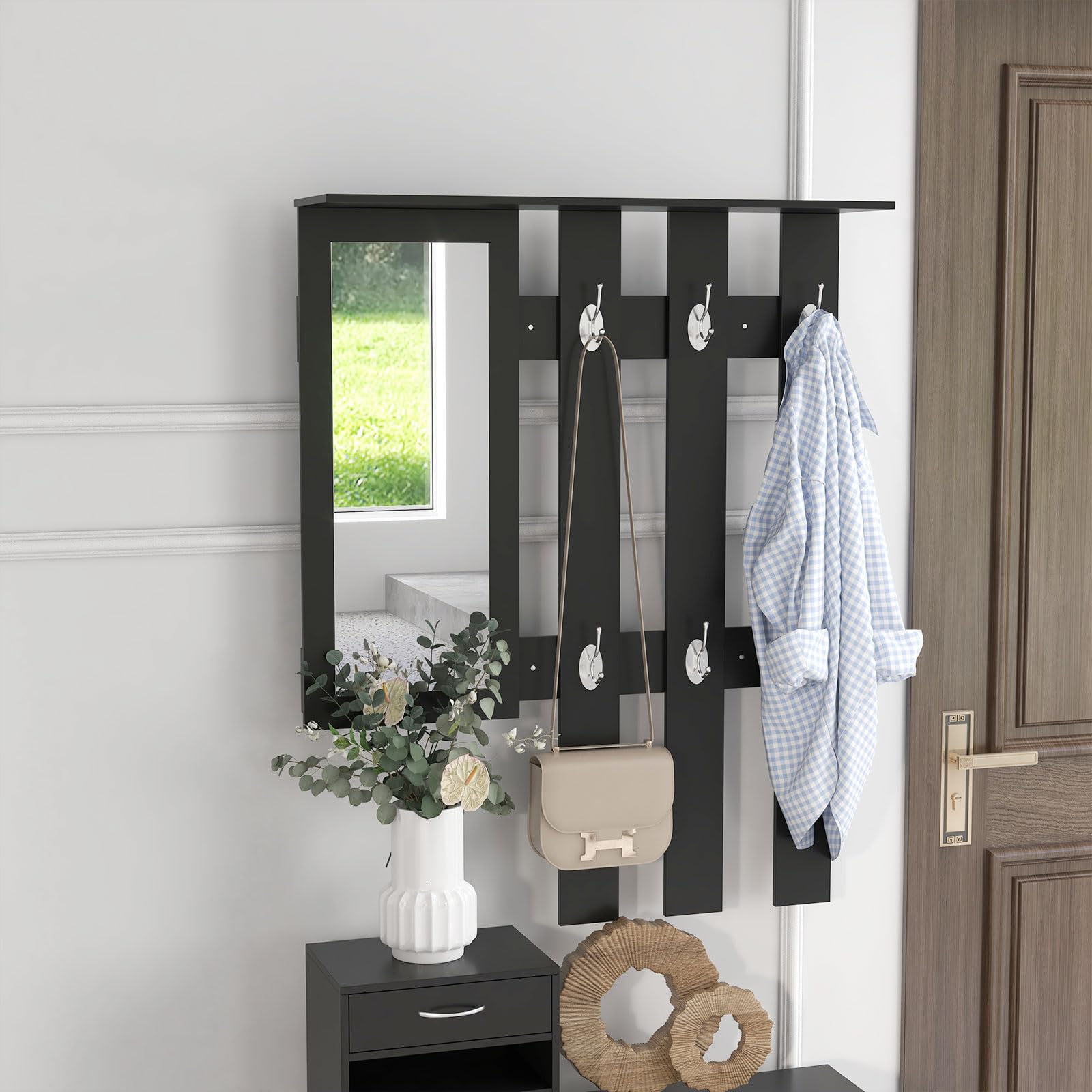 HOMCOM Ensembles 3 en 1 de Meuble d'Entrée Vestiaire Noir | Panneau Porte-Manteau, Miroir, Banc à Chaussures, 6 Crochets, Étagère Réglable