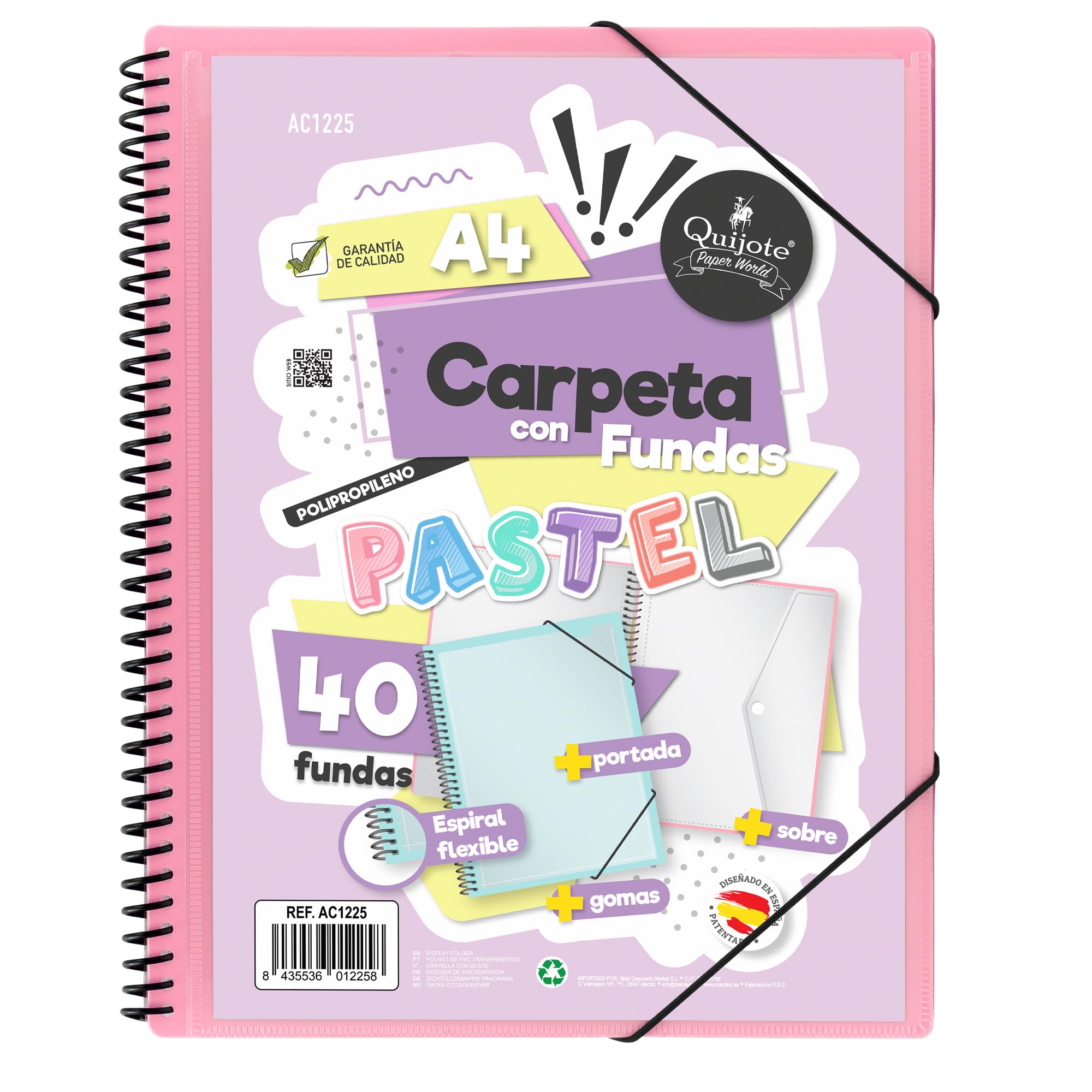 Starplast Dossier Pochettes spiralées flexibles - 40 pochettes transparentes, A4, fermeture élastique, couverture en polypropylène, personnalisable, utilisation scolaire et de bureau - rose pastel
