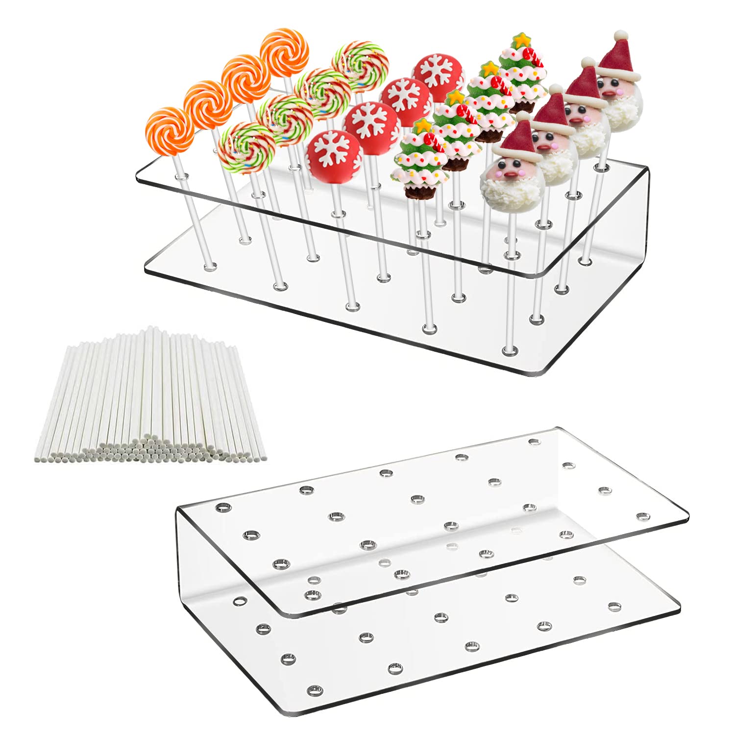 RNHDLYCake Pop Stand 2 Pieces Clear Acrylic Lollipop Holder Stand, 20 Hole Lollipop Display Holder, Cake Pop Stand and Sticks, Lollipop Stand Holder for Parties Wedding Baby Shower Birthday