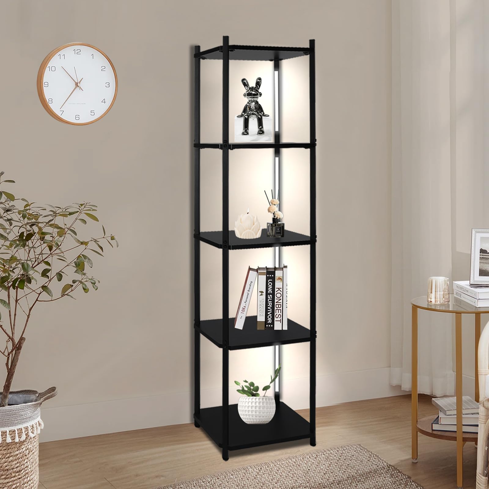 Display Shelf with Lights, 5-Tier Display Cases for Collectibles, LED Display Cabinet Floor Lamp with Shelves, Black