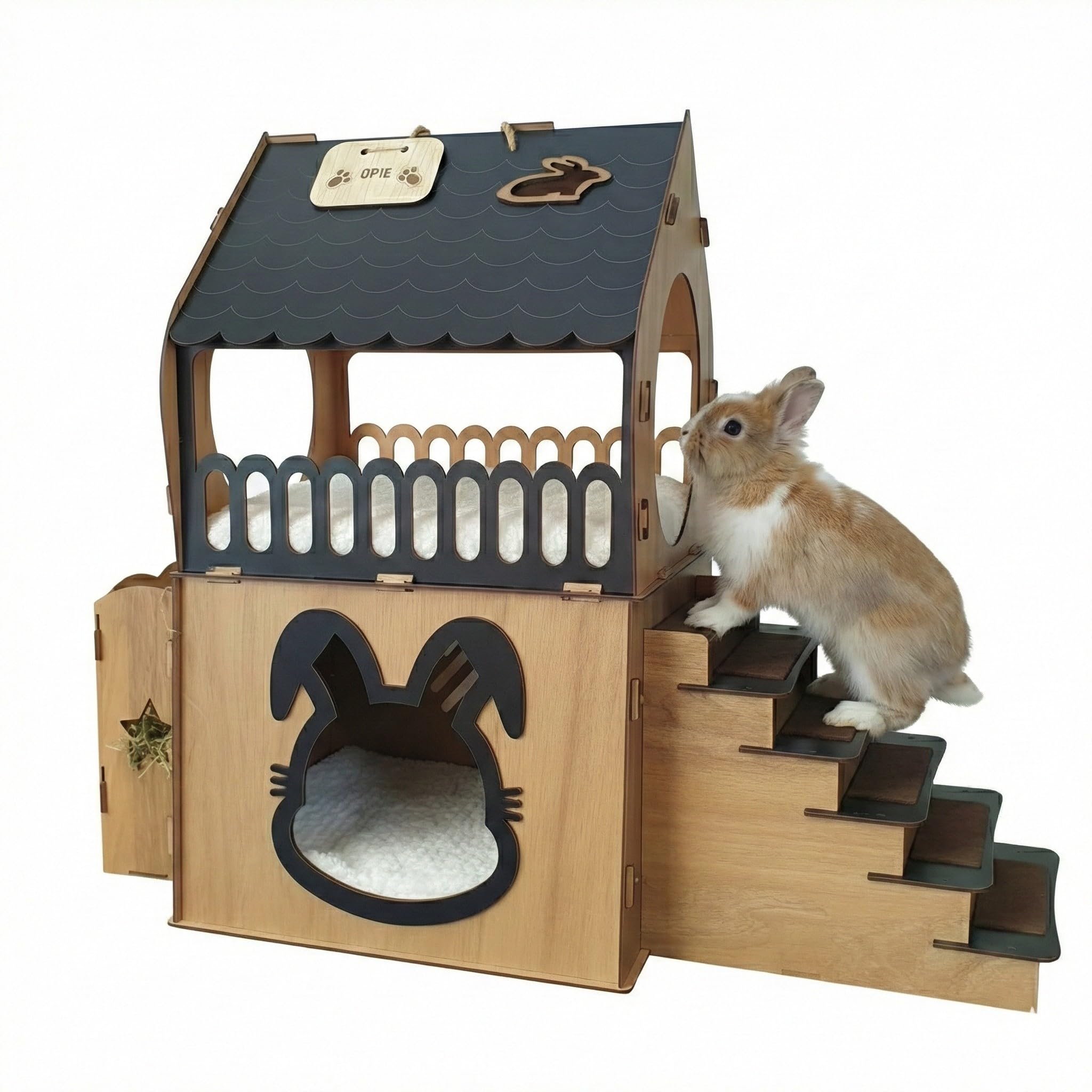 Maison Lapin Intérieur XL Naturel Anthrazit | Enclos pour Cochon d'Inde & Cobaye | Clapier 2 Étages avec Mangeoire & Balcon