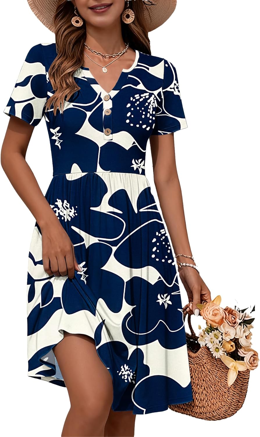 WNEEDU 2026 Summer Dress for Women V Neck Button Down Elastic Waist Sundress Casual Short Sleeve Midi Dresses with Pockets