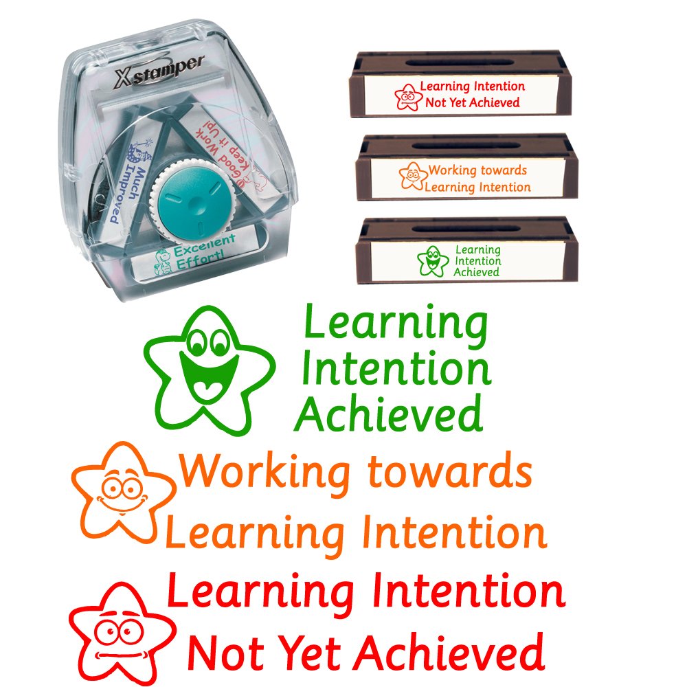 3-In-1 Twist Stamp Learning Intention - Achieved, Working Towards, Not Yet Achieved Xstamper Teacher Stamp Sets For Marking, Assessment And Feedback. 10,000 Impressions. Reinkable.
