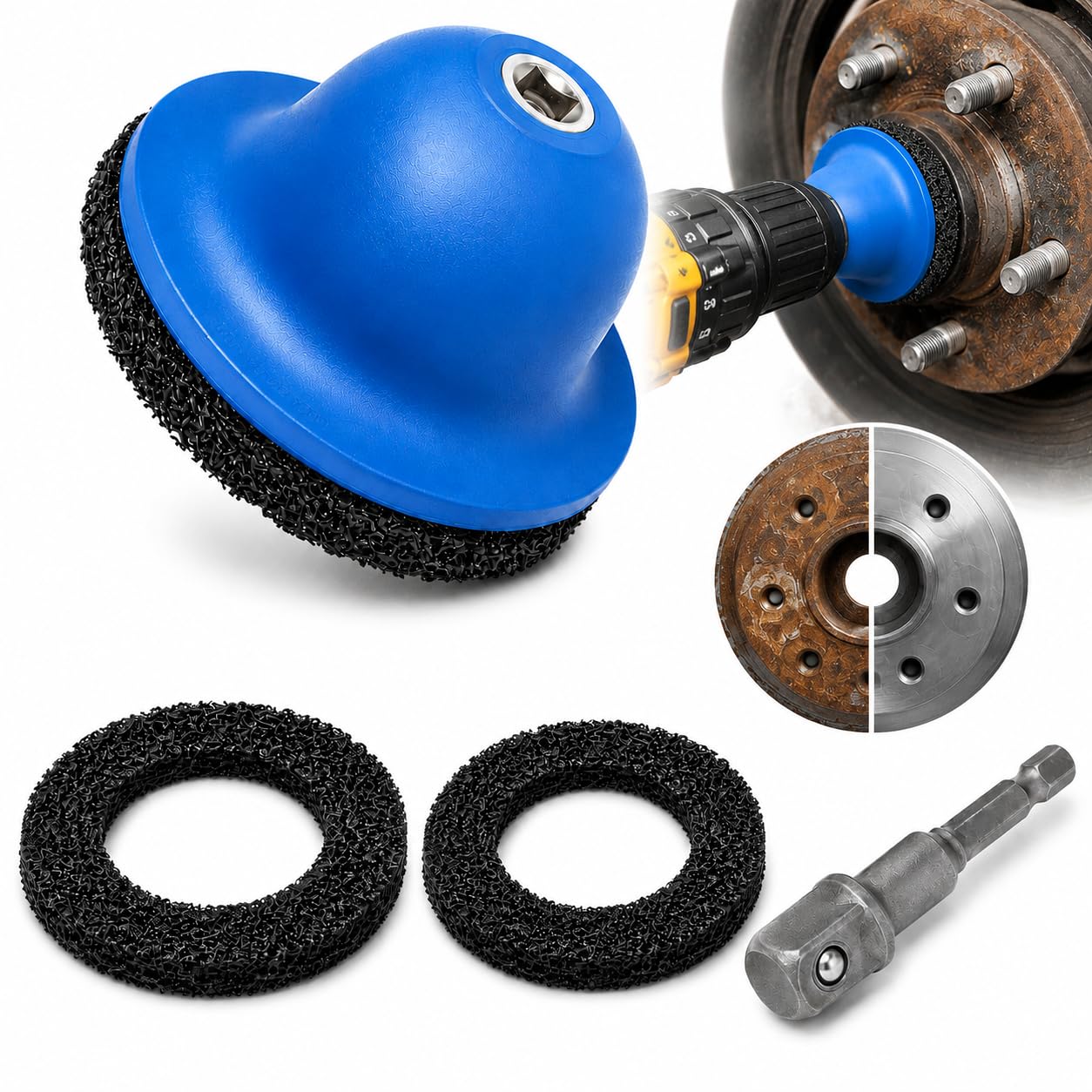 Radnabenschleifer Set 4-teilig, Radnabenreiniger KFZ Innen-Ø 90mm Außen-Ø 150mm mit 2 Schleifscheiben, 1/4 Zoll Sechskant-Adapter, Reinigungsteller für Felgenwechsel Rostentfernung, KFZ Werkstatt