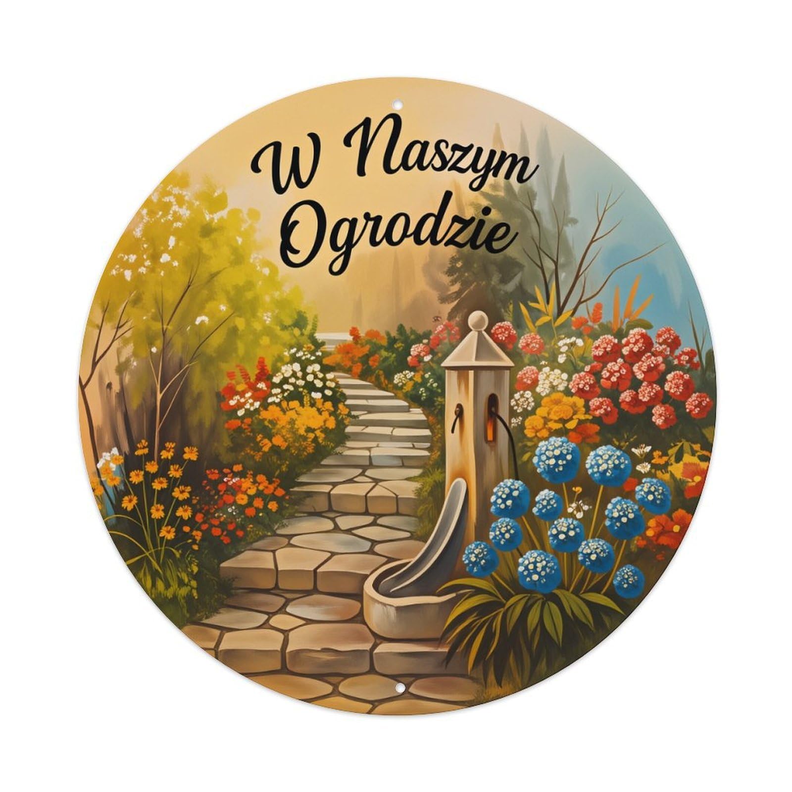 Garden Path Flowers Fountain Trees Round Tin Sign Vintage Style Metal Sign Home Bar Garden Wall Plaque Decor Metal Poster 8x8 Inch