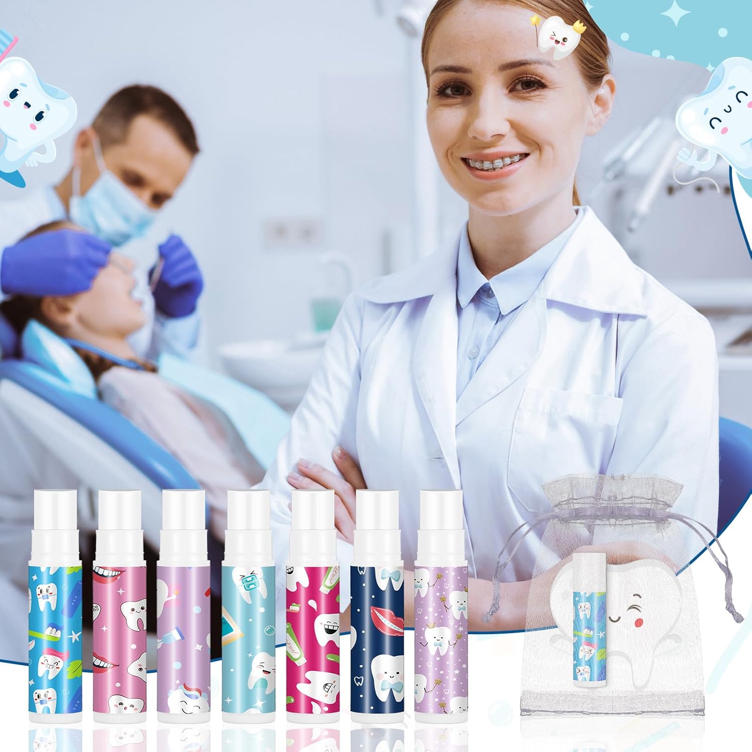 36 Set Dental Gift Teeth Lip Balm Tooth Shape Card Organza Bag Dental Assistant Accessories Dentist Hygienist Appreciation Stuff for Women Doctor Nurse CNA Week Graduation Birthday Party Favor