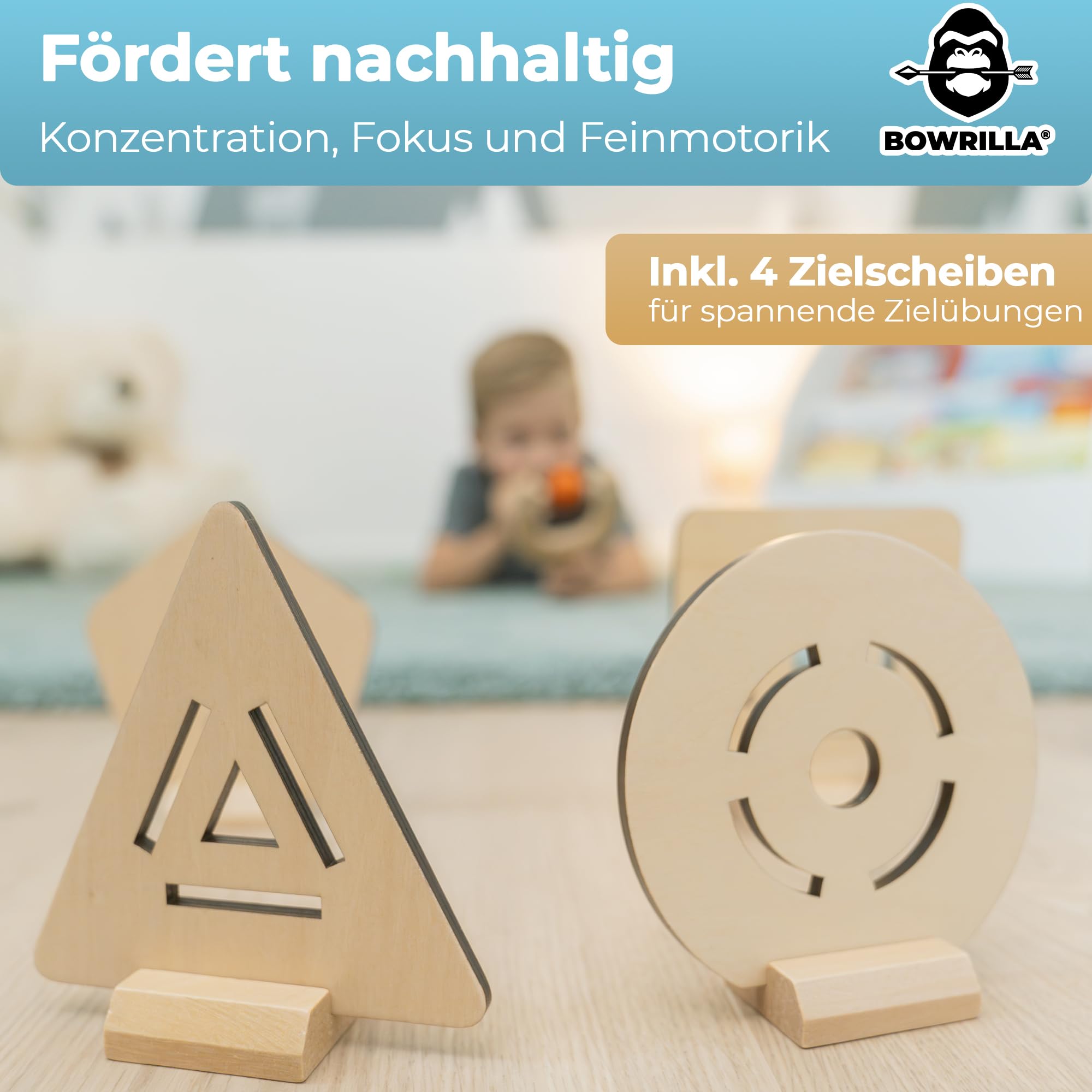 BOWRILLA® Fionda per bambini con 10 palline morbide e 4 bersagli in legno, ideale per giochi interni ed esterni, set completo per bambini per mancini e destrorsi