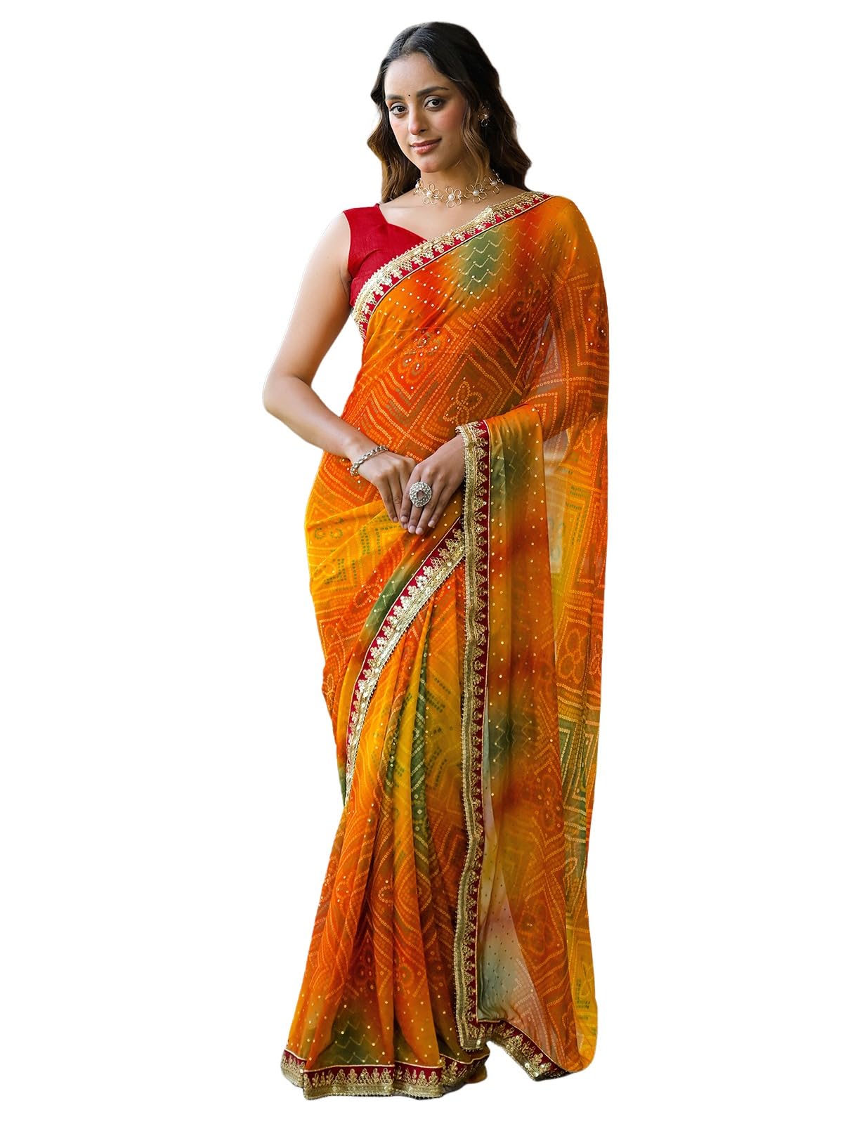 satrani Women's Georgette Foil Printed Bandhani Saree with Unstitched Blouse Piece-picture-41