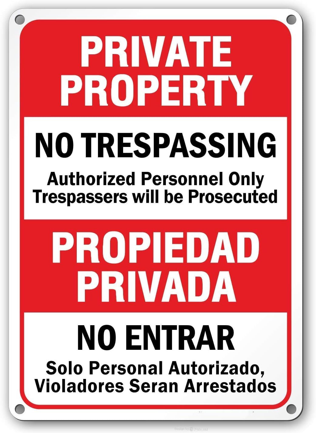 Aluminum Bilingual Private Property Security Sign, No Trespassing Violators Prosecuted English Spanish Dual Text, Indoor Outdoor Wall Decor, 12x8 Inches