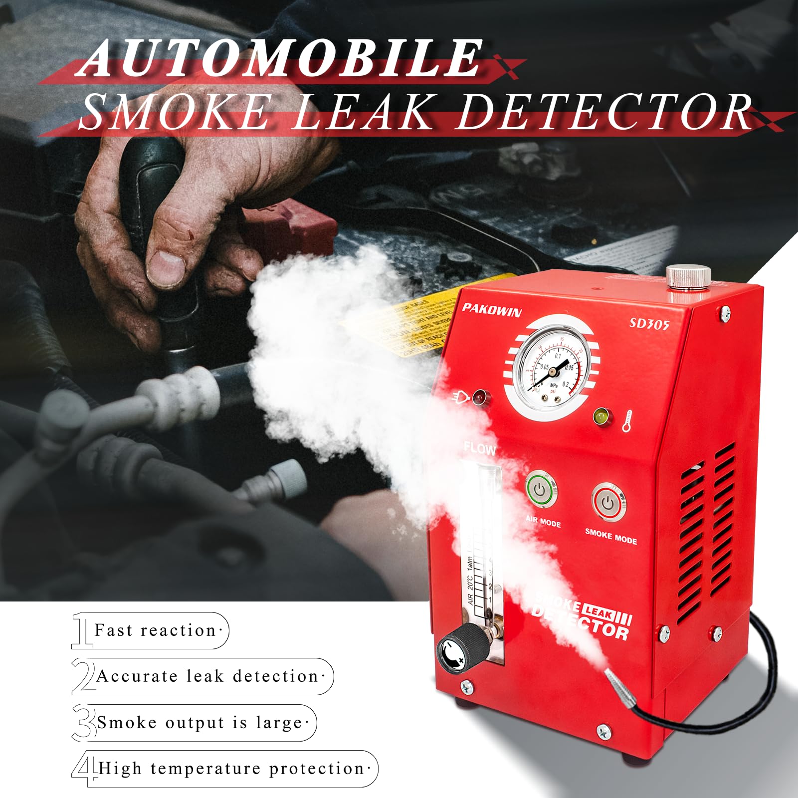 Détecteur de Fuite de Fumée Automatique- Testeur de Système de Vide EVAP 12V DC pour Systèmes de Tuyauterie avec Fonctionnalités Multiples et Indication de Pression - Rouge