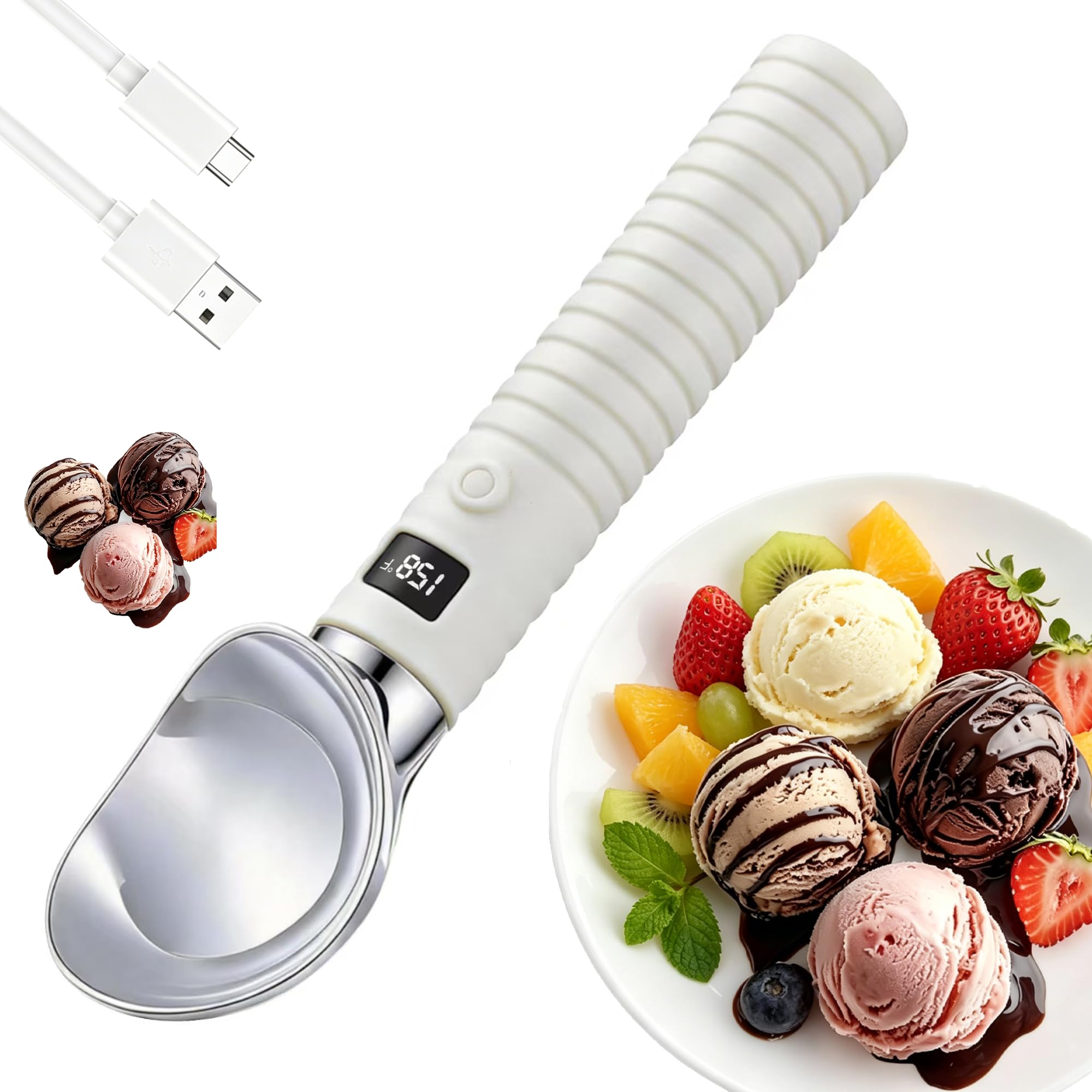 Beheizter Eisportionierer, Eiskugelzange mit 2 Temperaturstufen und LED-Anzeige, IP67 wasserdicht, ergonomische Smart-Touch-Steuerung für Gelato, Sorbet und Frozen Yogurt