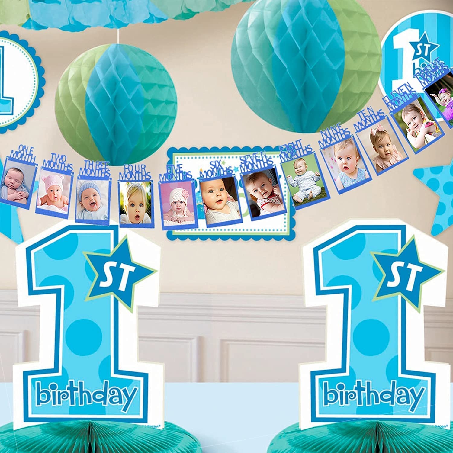Festiko 1st Birthday Party Banner, Baby's First Birthday Party Sign Decors, Recording Baby from 1-12 Month Growth Photo Booth Supplies (Blue) 1