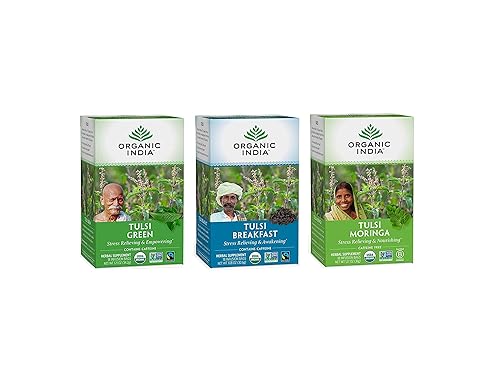 Organic India Té de hierbas energizante Tulsi favorito desayuno, verde, moringa albahaca sagrada, adaptógeno, vegano, certificado por USDA, sin