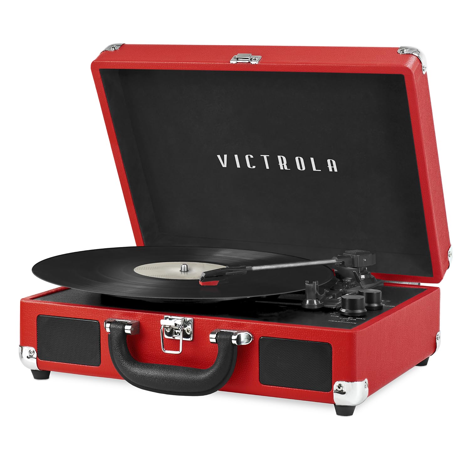 Victrola Journey – Tocadiscos portátil Tipo Maleta Bluetooth con Altavoces Integrados, 3 velocidades, Salida RCA y Jack para Auriculares (Rojo)