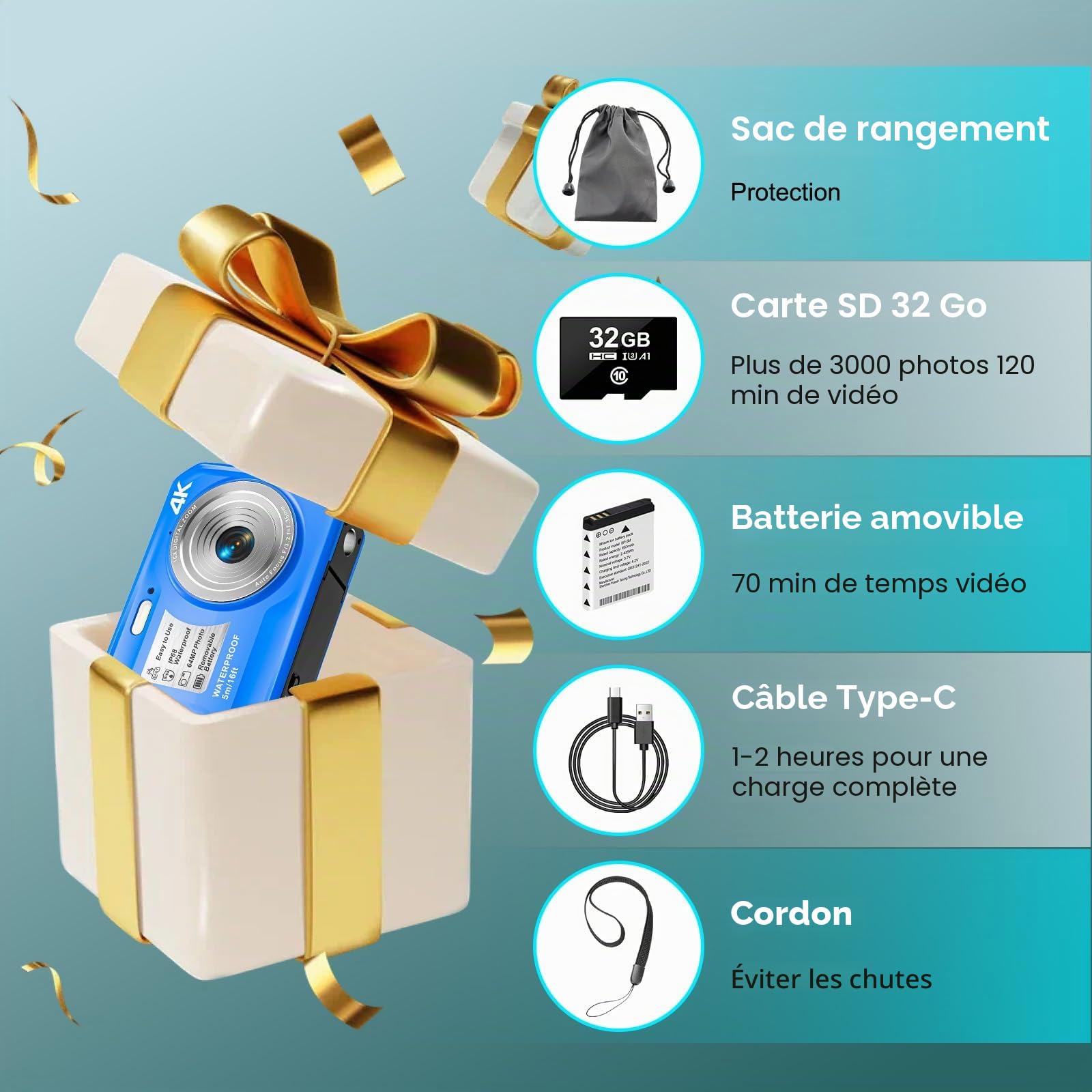 Appareil Photo Etanche Caméra sous-Marine 2,7k Caméra imperméable Full HD 64 MP 16ft pour plongée en apnée, écran de 2,7 Pouces 16x Zoom numérique et Carte de 32 Go