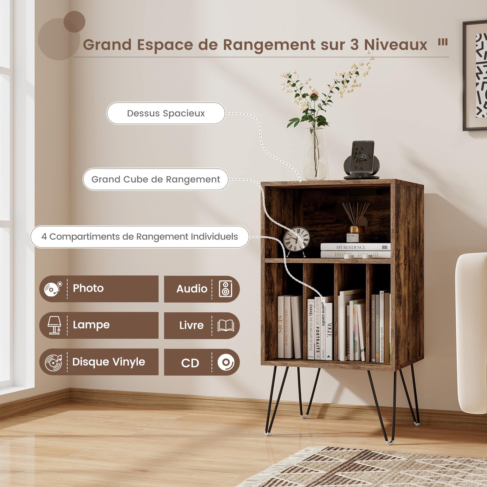 GIANTEX Support Tourne-Disque Vinyle à 3 Niveaux, Table d'Appoint avec Station de Charge, USB Type C, 2 Prises, Meuble Tourne-Disque avec Pieds en Métal, 48 x 40 x 88 CM (Marron Routique)