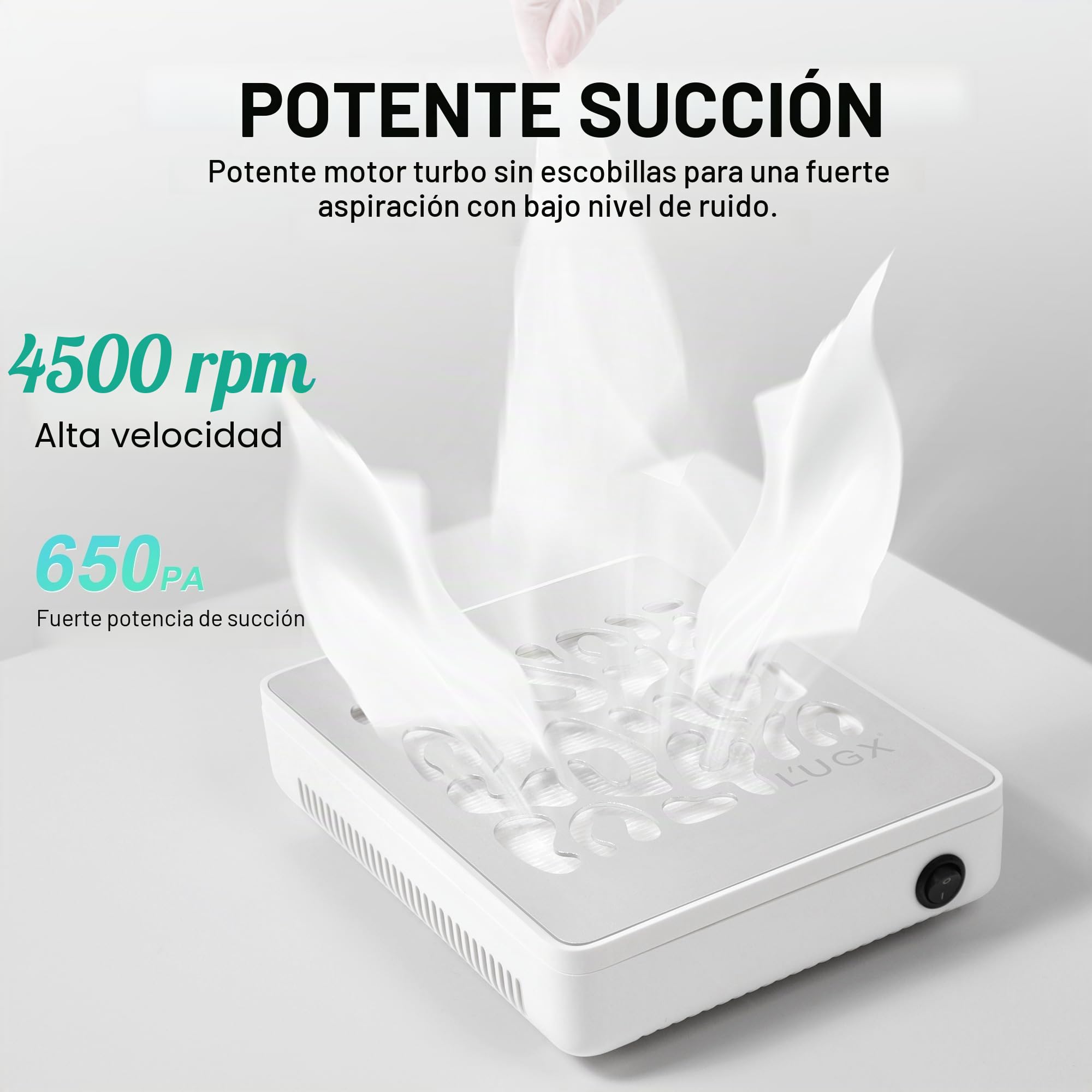 L'UGX 608S - Aspirador profesional de polvo para uñas, 650 Pa, 4500 rpm, motor sin escobillas, silencioso, para manicura y pedicura, incluye 30 papeles de filtro