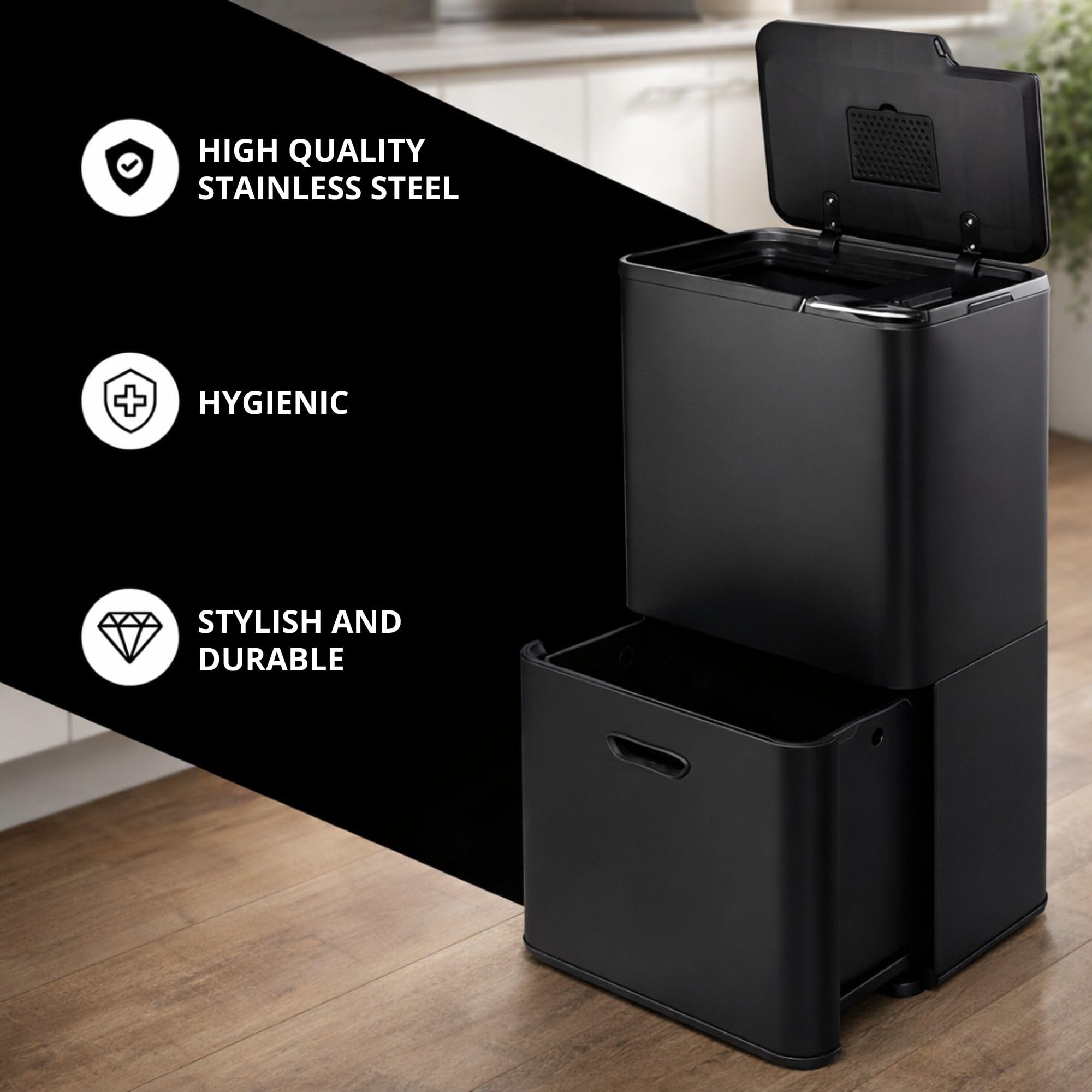 Bayt Cubo De Reciclaje De 60 L Para Cocina - Cubos De Cocina De 60 Litros Con Dos Cubos Interiores Para La Separación De Residuos | Cubo De Basura Vertical De Acero Inoxidable Negro Mate