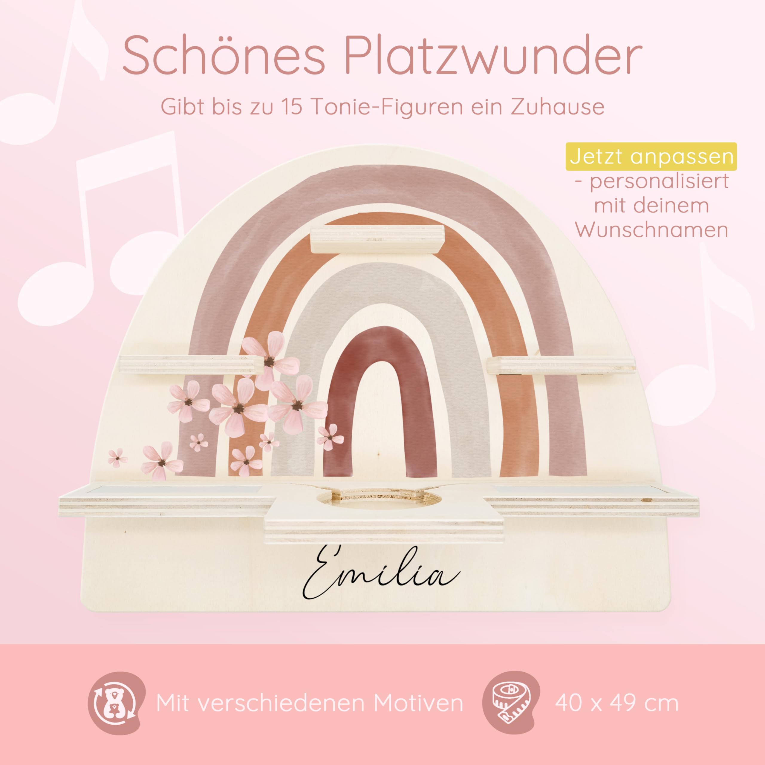 Bärenfreunde personalisiertes Tonie Regal für Kinderzimmer - Magnetisches Toniebox Regal für Toniebox1 & 2 Plus Figuren mit abgerundeten Ecken & Kanten (Regenbogen Blumen)
