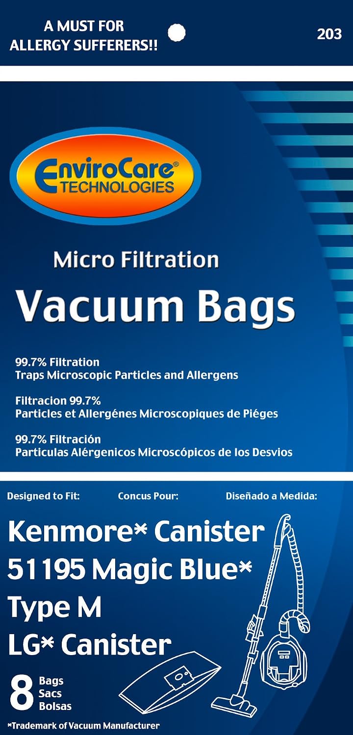Kenmore Canister Style 51195 Magic Blue Vacuum Cleaner Bags, EnviroCare Replacement Brand, designed to fit Kenmore Magic Blue Canister Vacuum Cleaners, 99.7 Microfiltration, 8 bags in pack