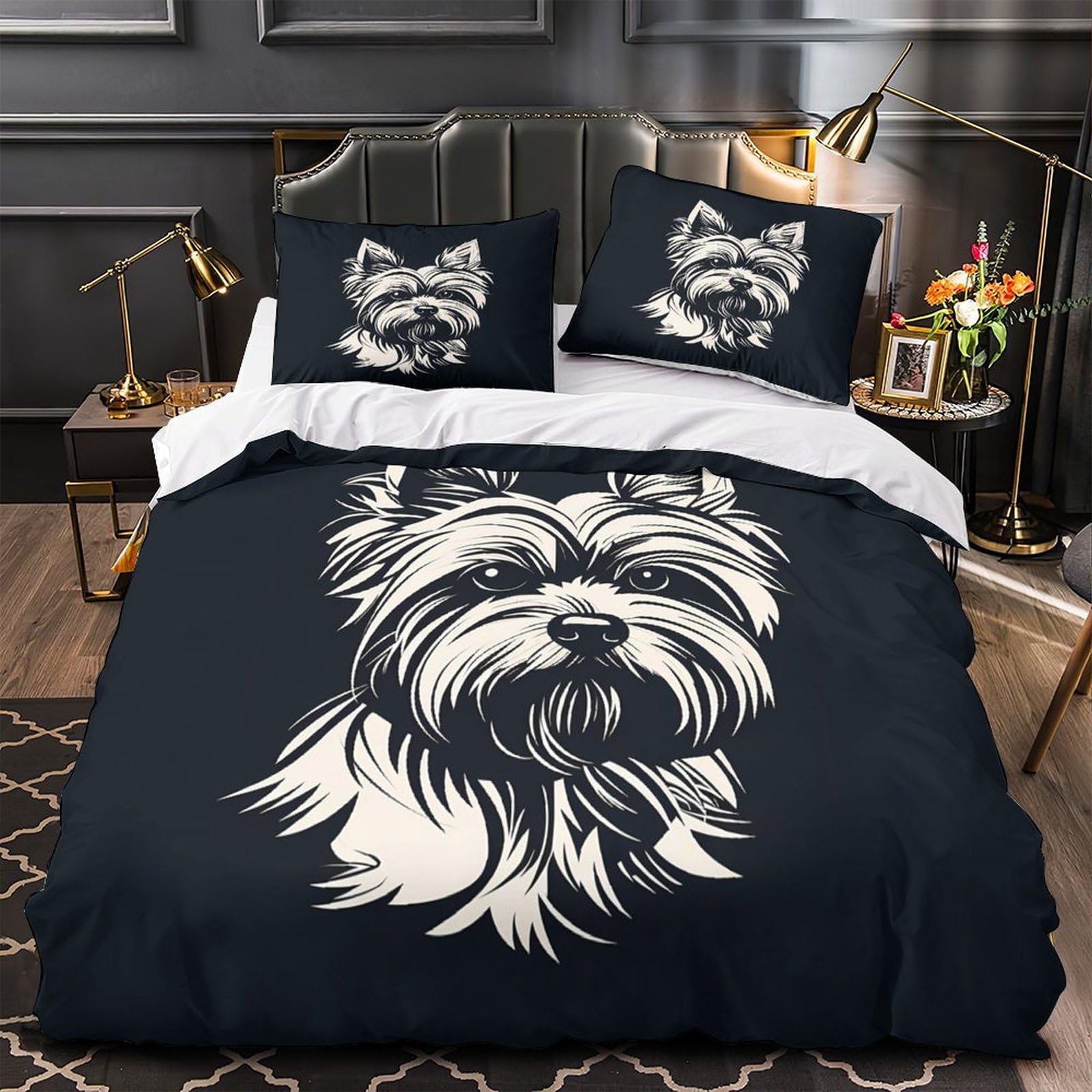 Housse de couette chien 3D 220x240cm en microfibre hypoallergénique avec taies