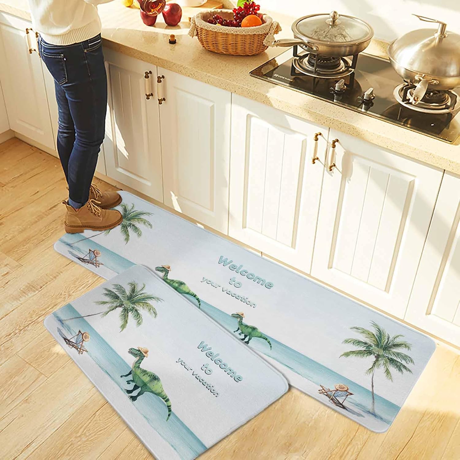 Coastal Kitchen Rugs and Mats Set of 2, Non-Slip Kitchen Sink Mat, Summer Beach Nautical Ocean Palm Tree Washable Doormat Bathroom Rugs Runner for Bedroom/Living Room 23.6"x35.4"+23.6"x70.9"