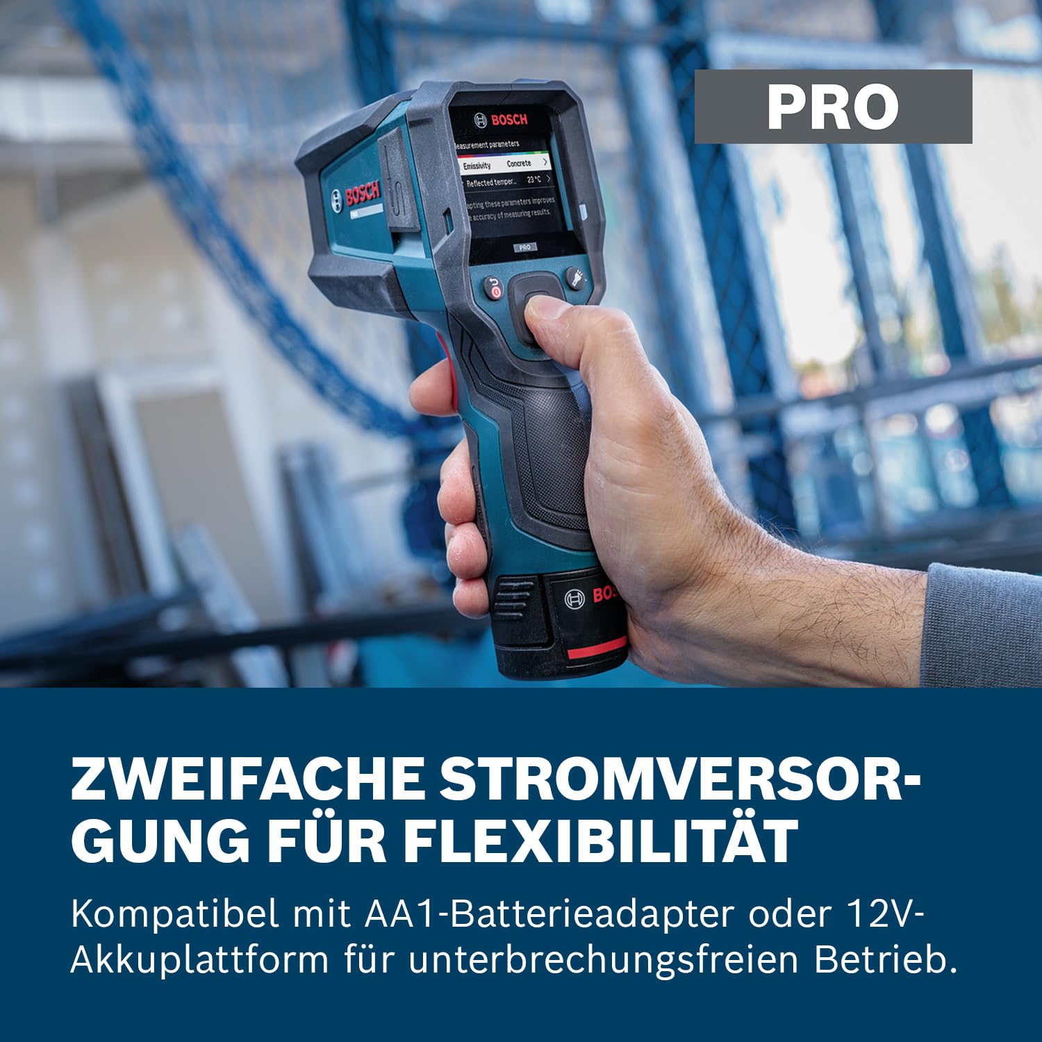 Bosch PRO GIS12V‑800‑16 Infrarot‑Thermometer, Typ‑K Schnittstelle, 20:1 Verhältnis, IP54, Dual‑Power, inkl. Batterieadapter & AA‑Batterien – vielseitig für präzise Temperatur‑ und Materialmessung