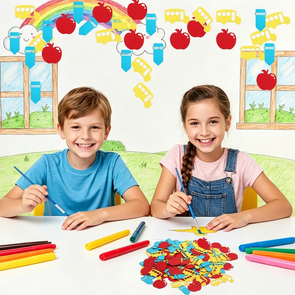 Back to School Confetti, 200Pcs Glitter Paper Confetti for Table, Bus Apples Pencil Shaped Yellow Red Blue Table Centerpiece for First Day of School Teacher Appreciation Gifts Table Decorations