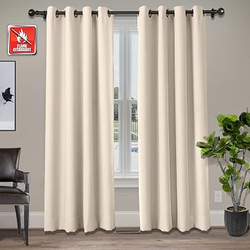 Cololeaf Flame Retardant Fire Resistant Curtains Thermal Insulated Blackout for Home Kitchen Office Hotel School Cinema and Hospital- Anti-Bronze Grommet - Beige 52W x 63L Inch (1 Panel)