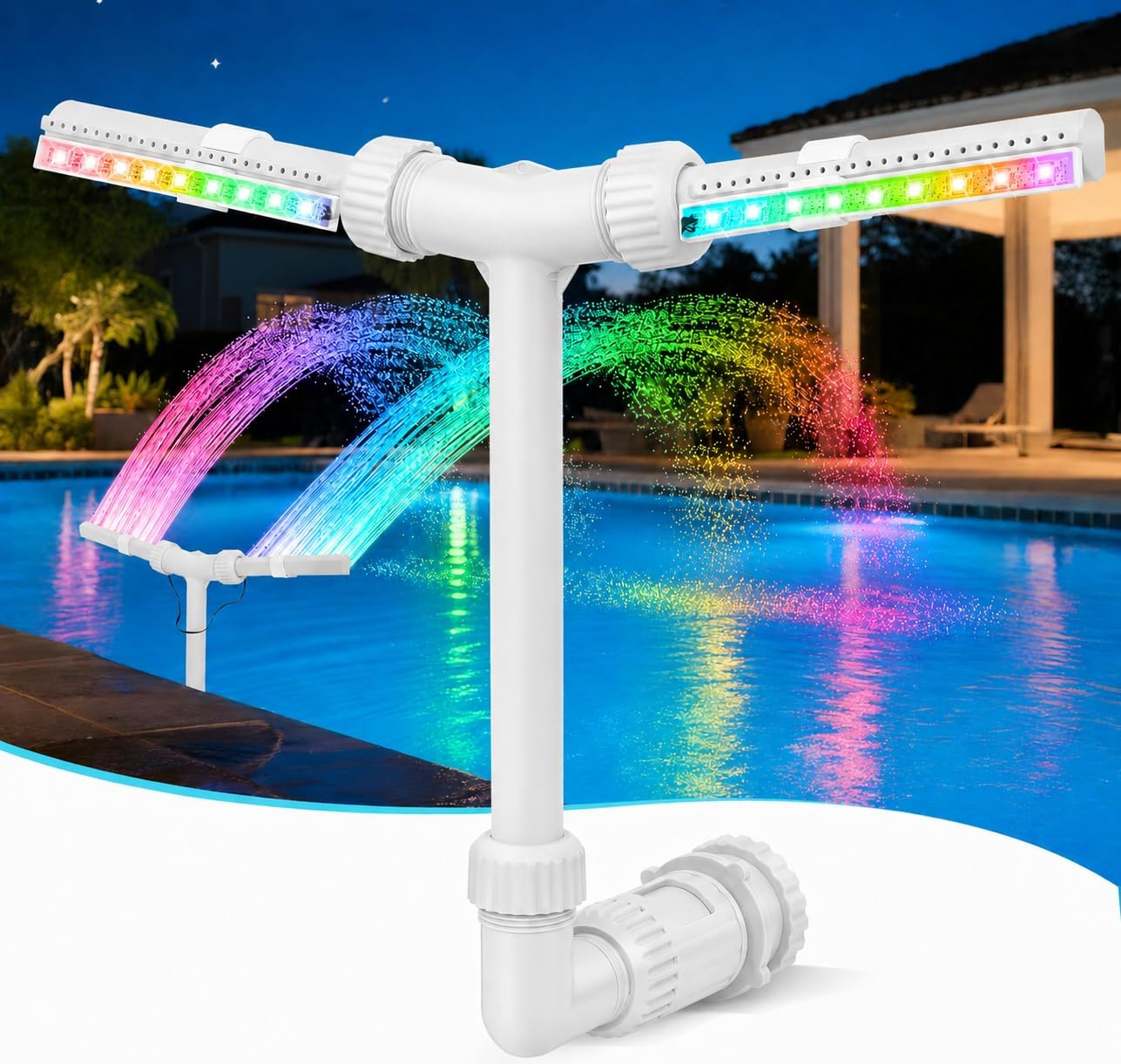 Solar Pool Fountain with Lights, Dual-Head LED Waterfall Sprinkler for Above Ground & In-Ground Pools, 11 Colors & Remote Control, Adjustable Height & Direction