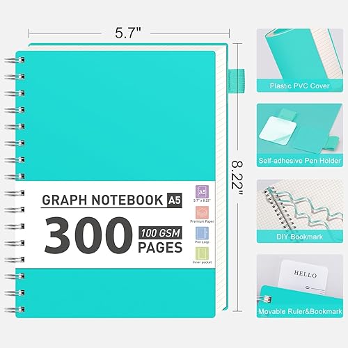 Miniatura 45 de AHGXG Cuaderno de papel cuadriculado, cuaderno en espiral de 300 páginas, cuaderno de papel de cuadrícula A5, papel grueso de 3.53 oz/m², diarios