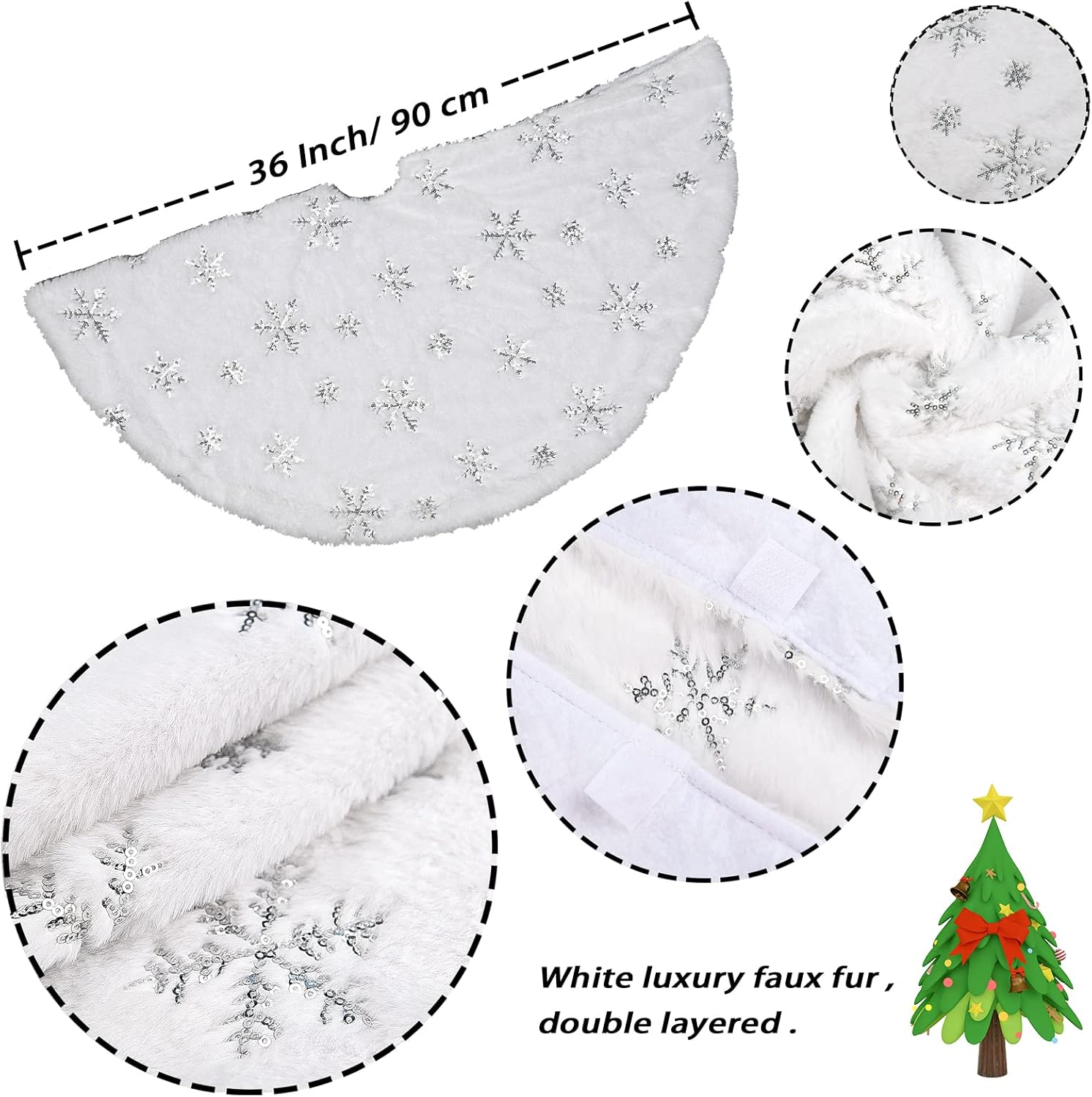 Faux Fur Christmas Tree Skirt,48 inches Large Luxury Tree Skirt with Sliver Snowflake Sequin, Christmas Decorations Holiday Thick Plush Tree Xmas Ornaments（White and Silver,48 Inch）