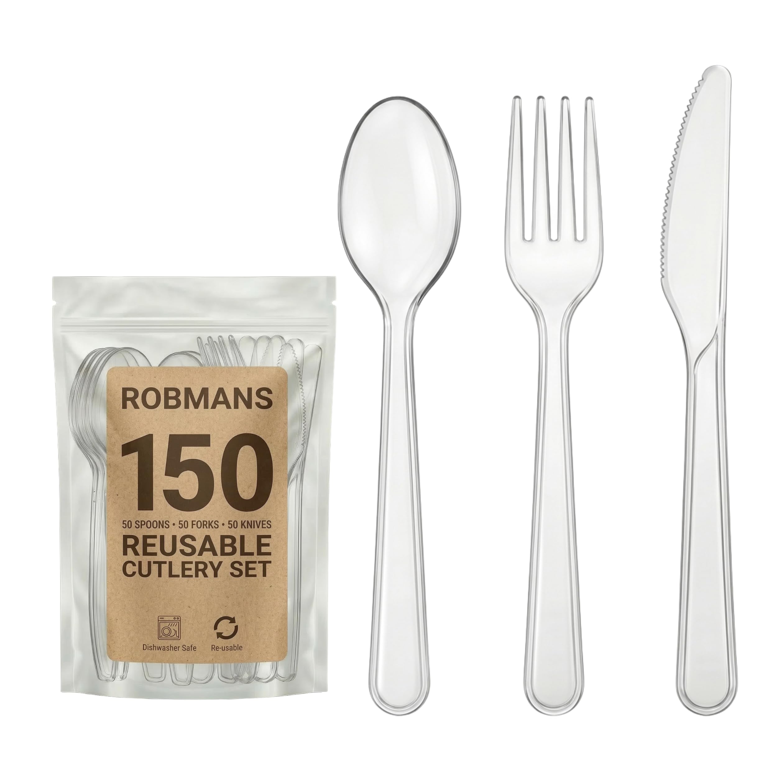 150 Pack Heavy Duty Clear Reusable Cutlery Set – 50 Forks 50 Knives 50 Spoons – Reusable Party Cutlery for Weddings, BBQs, Buffets, Picnics & Camping – Dishwasher Safe — image 1