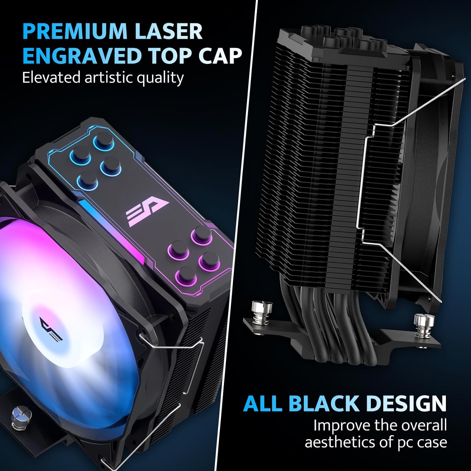 Two-part image showing the laser-engraved top cover with RGB lighting accents and the overall black design of the cooler, emphasizing its aesthetic integration into PC builds.