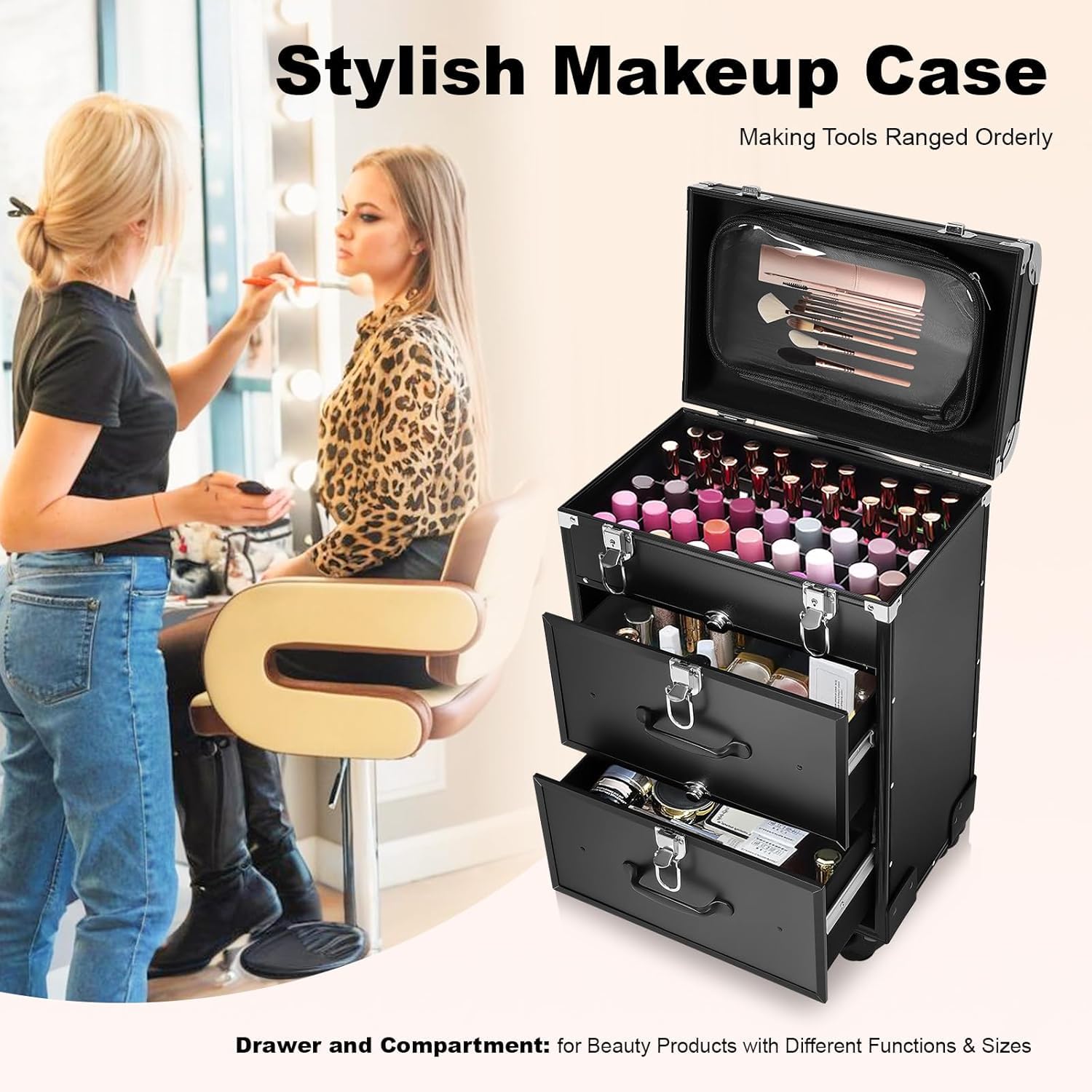 Kosmetikkoffer Trolley Schminkkoffer 3 Ebenen, Makeup Trolley Case mit Rollen, Mobile Kosmetik mit Spiegel und 50Kg Tragkraft, Schminkkoffer Profi mit Verstellbare Beine, 36*23*58cm, Schwarz