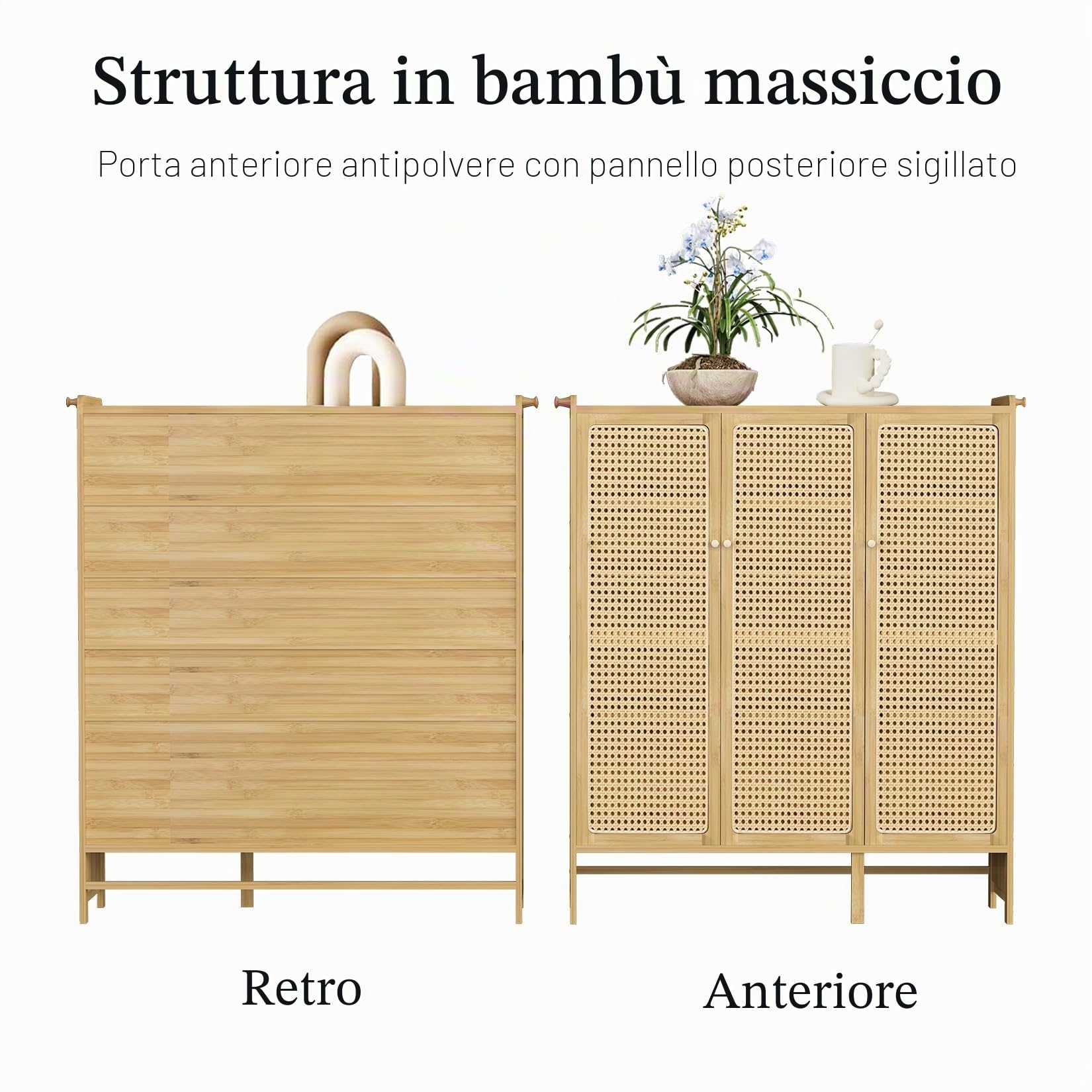 unho Armadietto Portascarpe a 5 Ripiani in Bambù: Scarpiera Legno con Ante 4 Ganci Scarpiera Ingresso Corridoio Grande Capacità Design Moderno, 90,5x35x107 cm