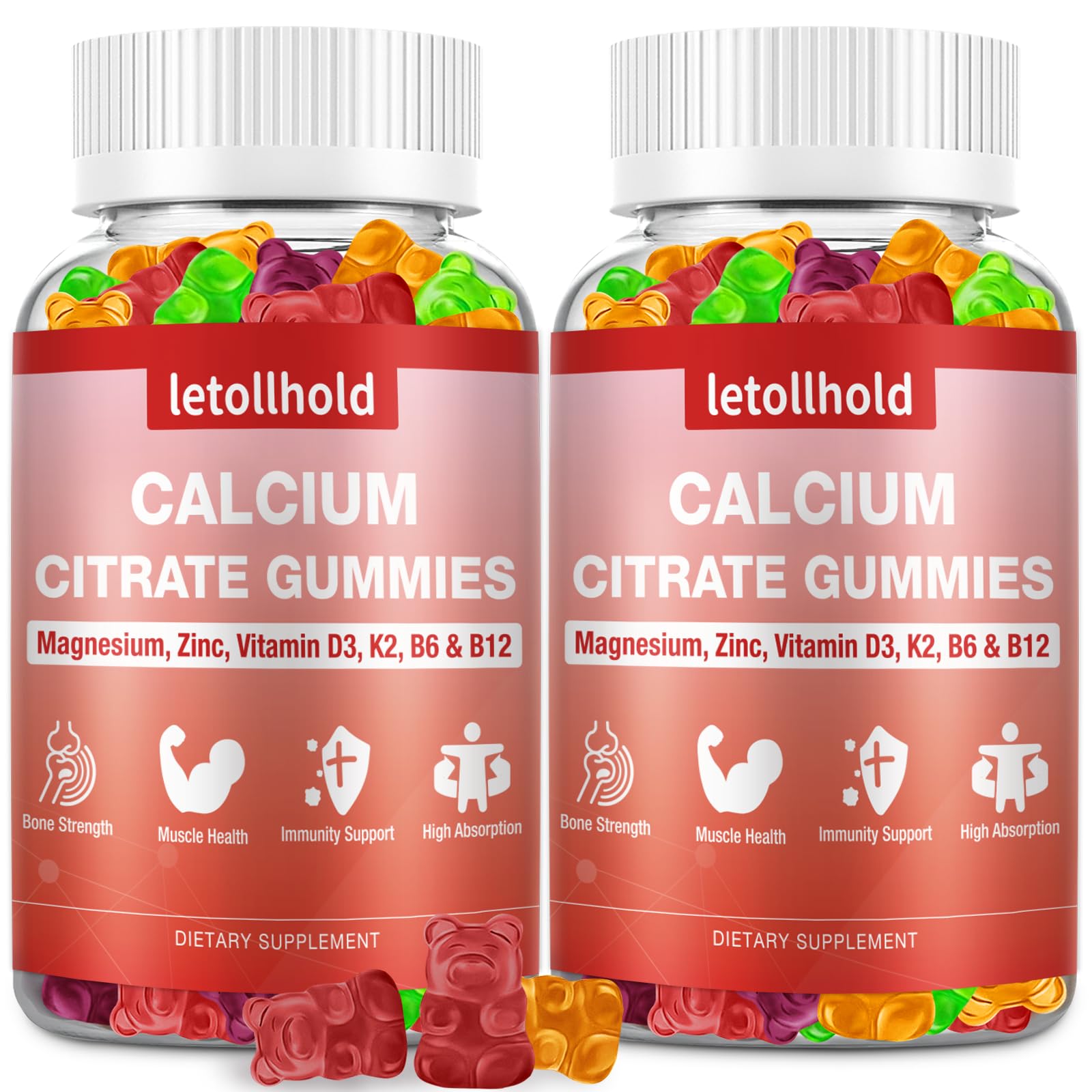 letollhold Suplemento de cálcio citrato com magnésio, zinco, vitaminas D3, K2, B6 e B12, 1.200 mg, 120 gomas, pacote com 2