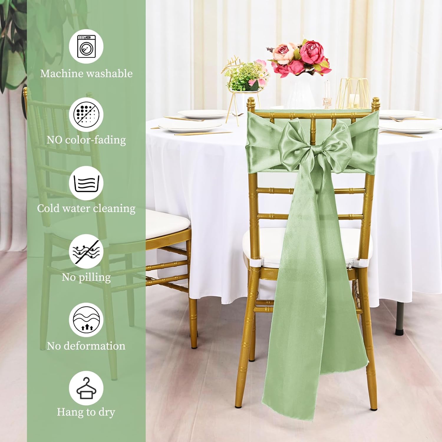 100 PCS Satin Chair Sashes Bows, Sage Green Ribbon Ties Back Sash for Wedding Birthday Banquet Party Hotel Event Cover Decoration (7 x 108 Inch)