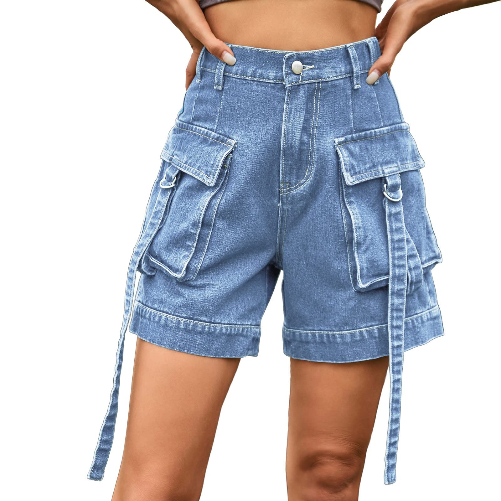 Damen Jeans Shorts Knielang Jorts Baggy Damen Stoff Hohe Taille Cargo-Stil ZierbäNder An Taschen Elastischer Bund Denim Kurze Hose Lockerer Schnitt Atmungsaktiv Stretch Denim