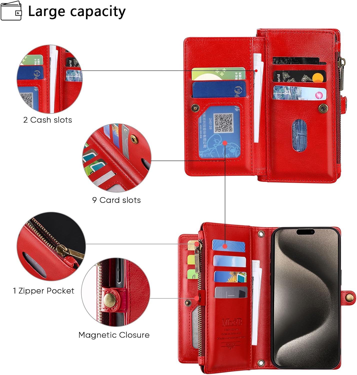 MInCYB for iPhone 17 Pro Wallet Case, [Compatible with Magsafe] [Magnetic Detachable] [RFID Blocking] PU Leather Case with Card Holder & Crossbody Strap for Women Men, Red - Image 3