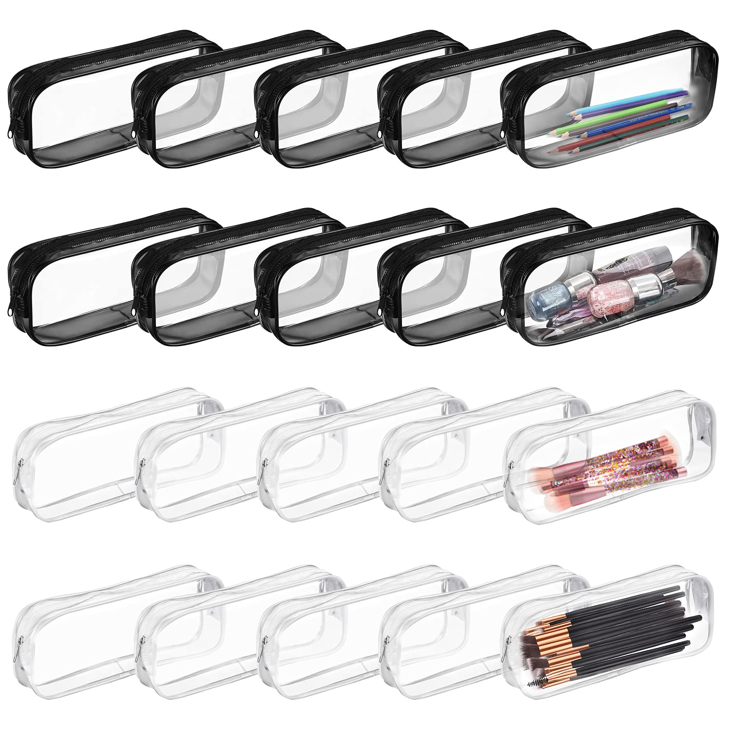 Odowalker 20 Pcs Clear Pencil Case with Zipper,PVC Pencil Bag Bulk Big Capacity Makeup Pouch Clear Travel Toiletry Bag for School Office Stationery and Travel
