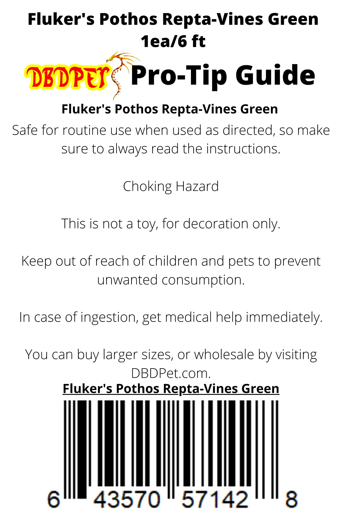DBDPet Fluker's Pothos Repta-Vines Green for Reptiles and Amphibians 6ft - Includes Attached Pro-Tip Guide