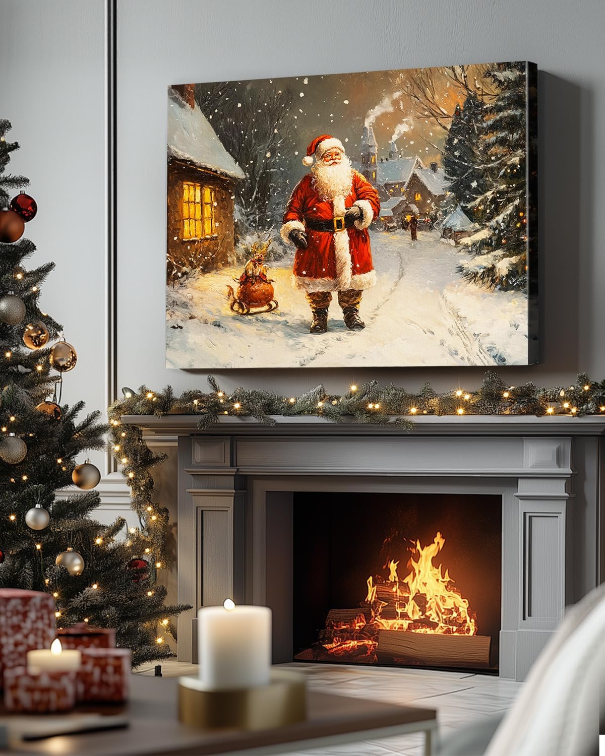 Vintage Santa Claus Christmas Canvas Wall Art - Festive Holiday Painting for Living Room,Bedroom & Bathroom, Cozy Winter Decor Framed Print, Perfect Christmas Gifts & Home Decoration