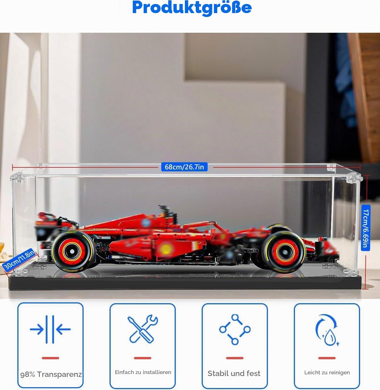 Acryl Vitrine Display Case - Schutz vor Staub für Lego Technic 42141(42171/42207/42206/42228) McLaren Formel 1 Rennwagen- Transparente Showcase für Sammler, ohne Modelle!
