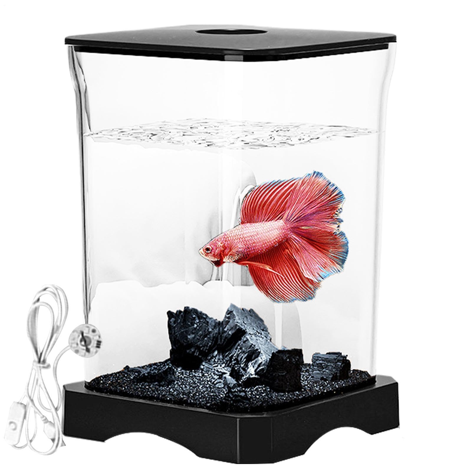 Acrylic Betta Fish Tank | Desktop Rettangolare Aquarium with Top Feeding Hole | Mini Eco Habitat with Ambient Light | Creative Starter Kit for Bettas