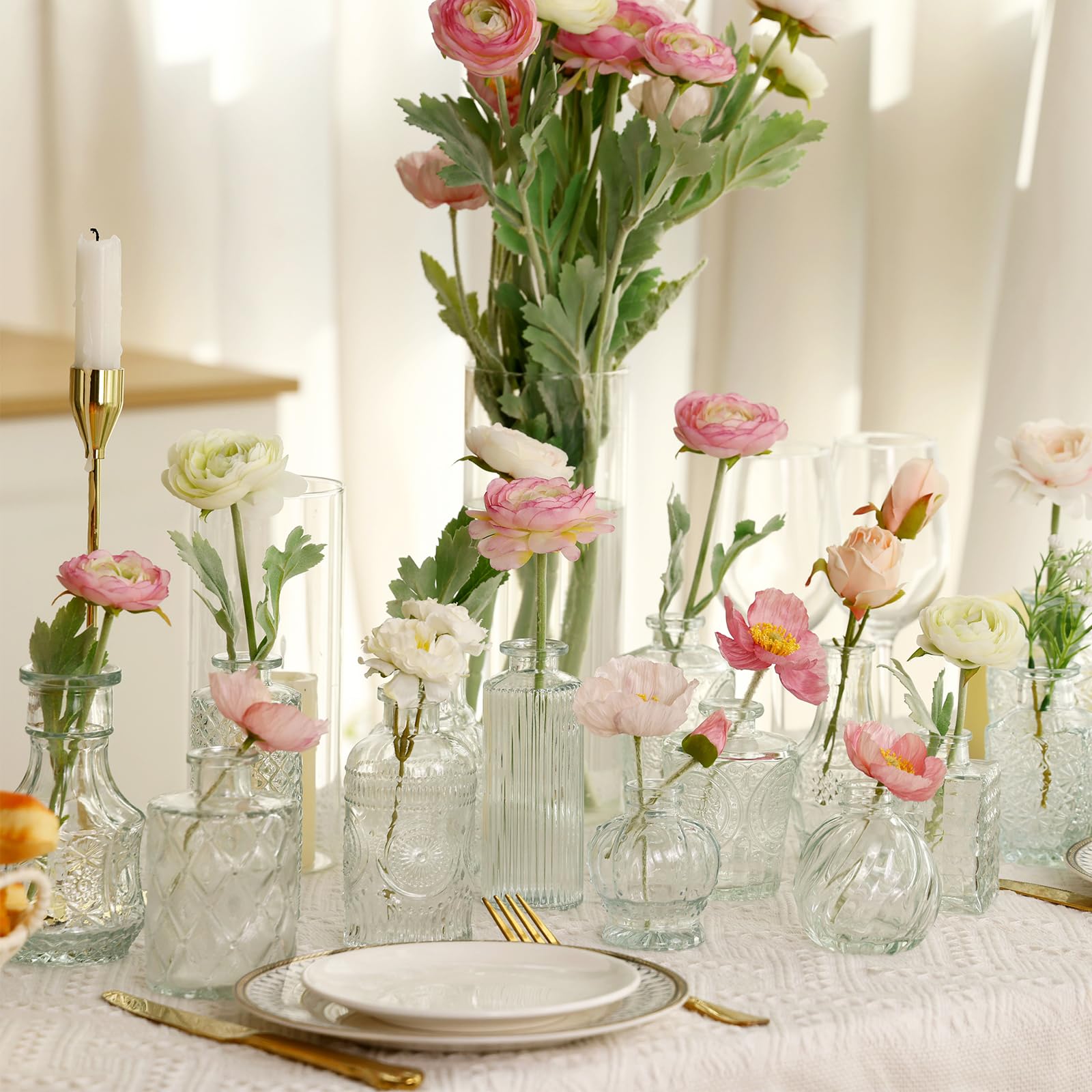 CEWOR Jarrones de cristal a granel, juego de 64 jarrones pequeños para centros de mesa, jarrones de flores para flores a granel para decoración rústica de mesa de boda y hogar