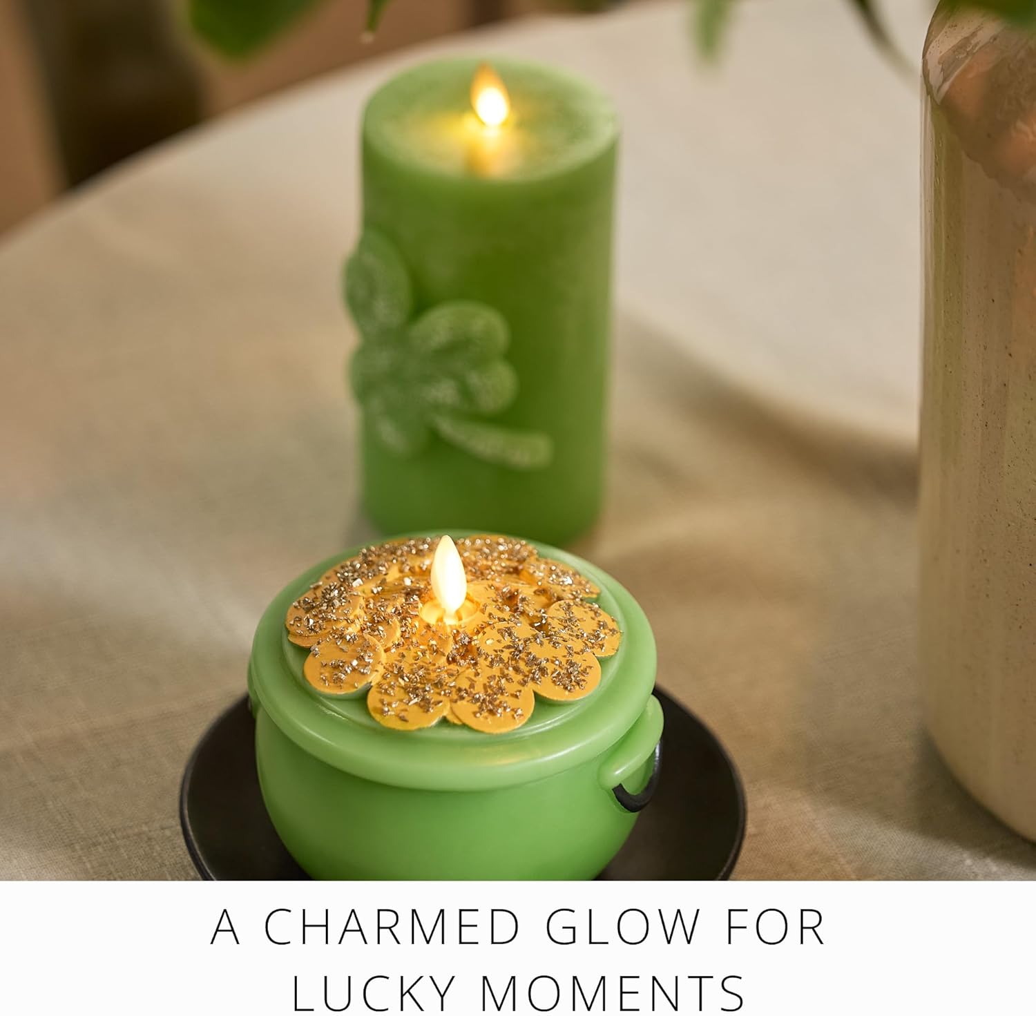 Luminara Lucky Green Pot of Gold Candle - Flickering Real-Flame Technology- Flameless LED- Remote Ready- Classic Green St. Patrick's Day- 4.8" x 4.3"