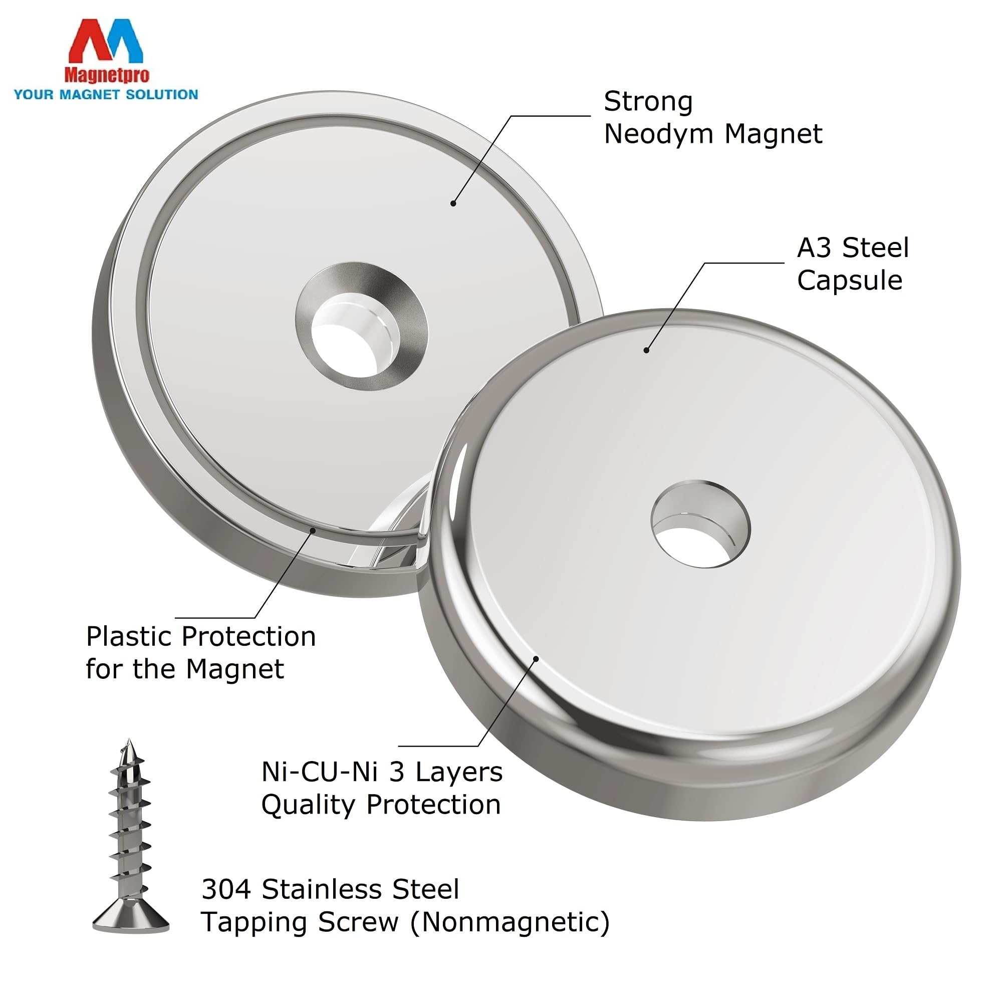 Magnetpro Magneti a disco da 6 pezzi con capsula 55 KG forza di trazione 36 x 8 mm, magnete con base in acciaio con viti