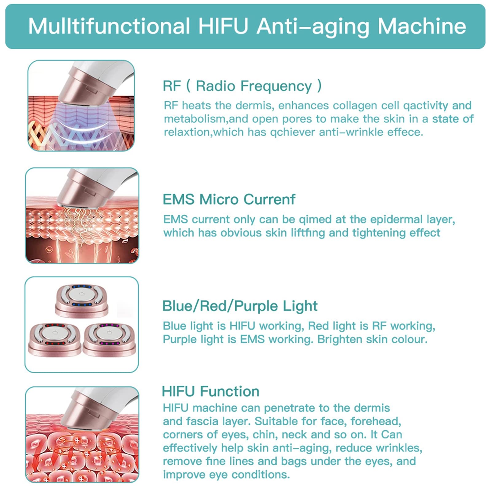 Mini HIFU Face Machine EMS RF Luz LED HIFU Estiramiento la Piel Máquina ultrasónica Eliminación Arrugas Máquina HIFU Photon Up Rejuvenecimiento la Piel Dispositivo HIFU antienvejecimiento