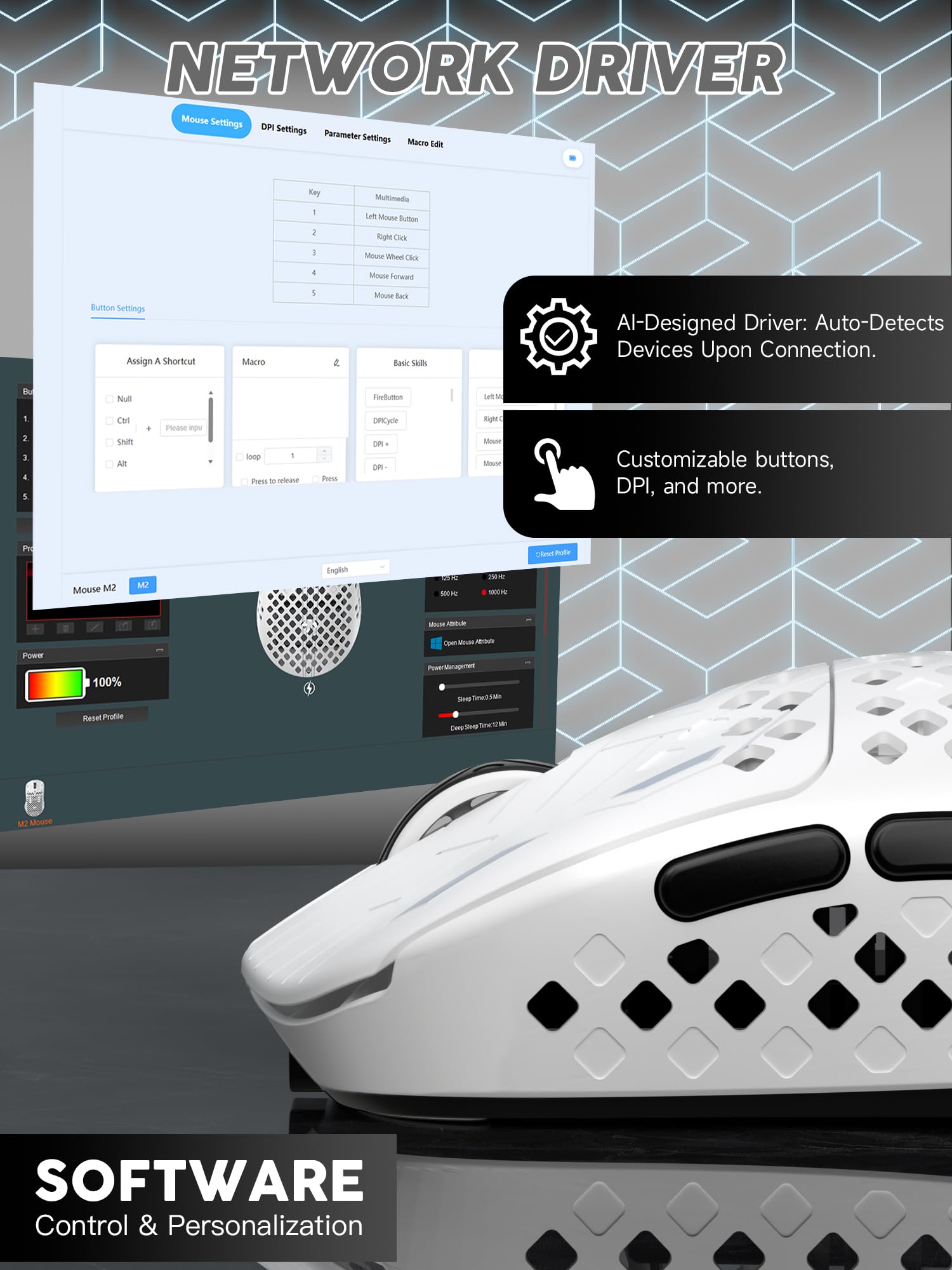 MAMBASNAKE M2 Ultra-Lightweight Wireless Gaming Mouse, PAW3395PRO Sensor 40000 DPI, 41g Carbon Fiber, Mouse Coiled Cable, Tri-Mode 2.4G/Bluetooth/Wired, 100M Clicks, Cloud Driver, Ergonomic Design - 5